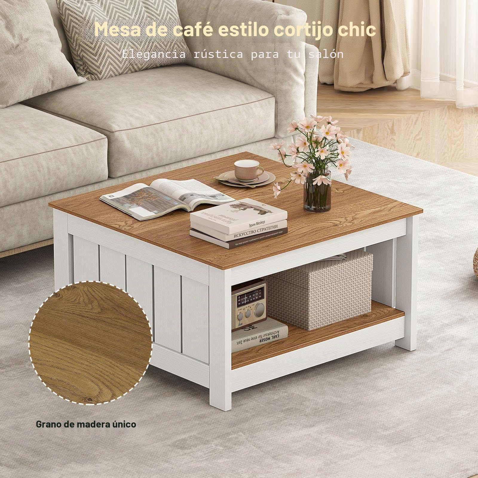LIFEZEAL Mesa de centro de madera, mesa cuadrada de salón con 2 niveles, mesa de té con pies antideslizantes para hogar y oficina, rústica