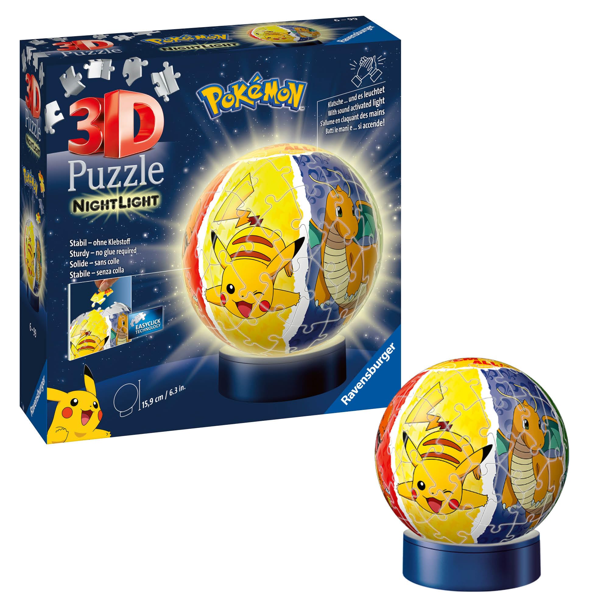 Ravensburger 3D Puzzle 11547 - Nachtlicht Puzzle-Ball Pokémon - für Pokémon Fans ab 6 Jahren, LED Nachttischlampe mit Klatsch-Schalter