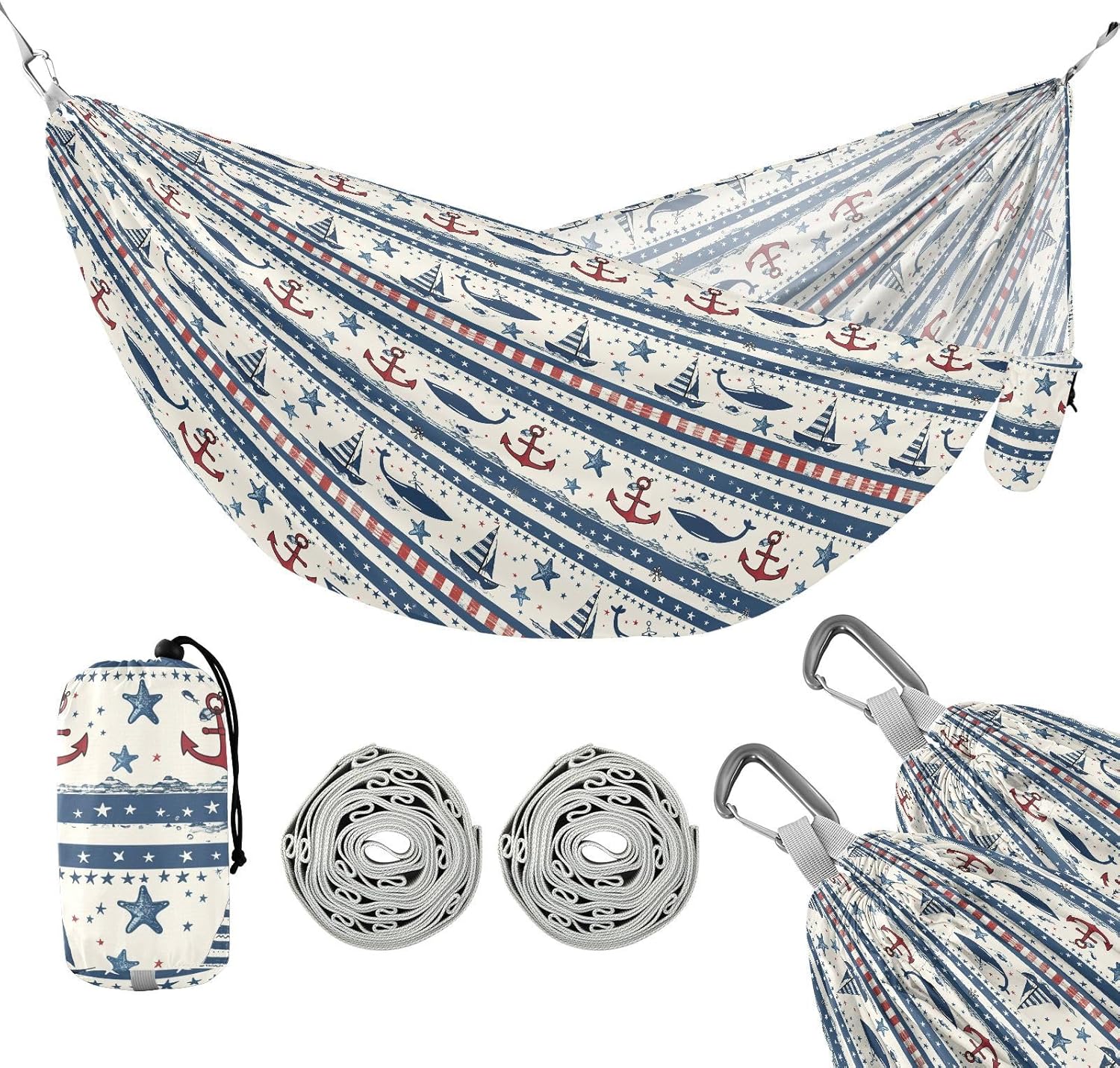 ALAZA Sailboat Anchor Stars Stripe Camping Hammocks Single or 2 Person 500 lbs Portable Parachute Travel Hammock w/Tree Straps for Hiking Backpacking Indoor Outdoor