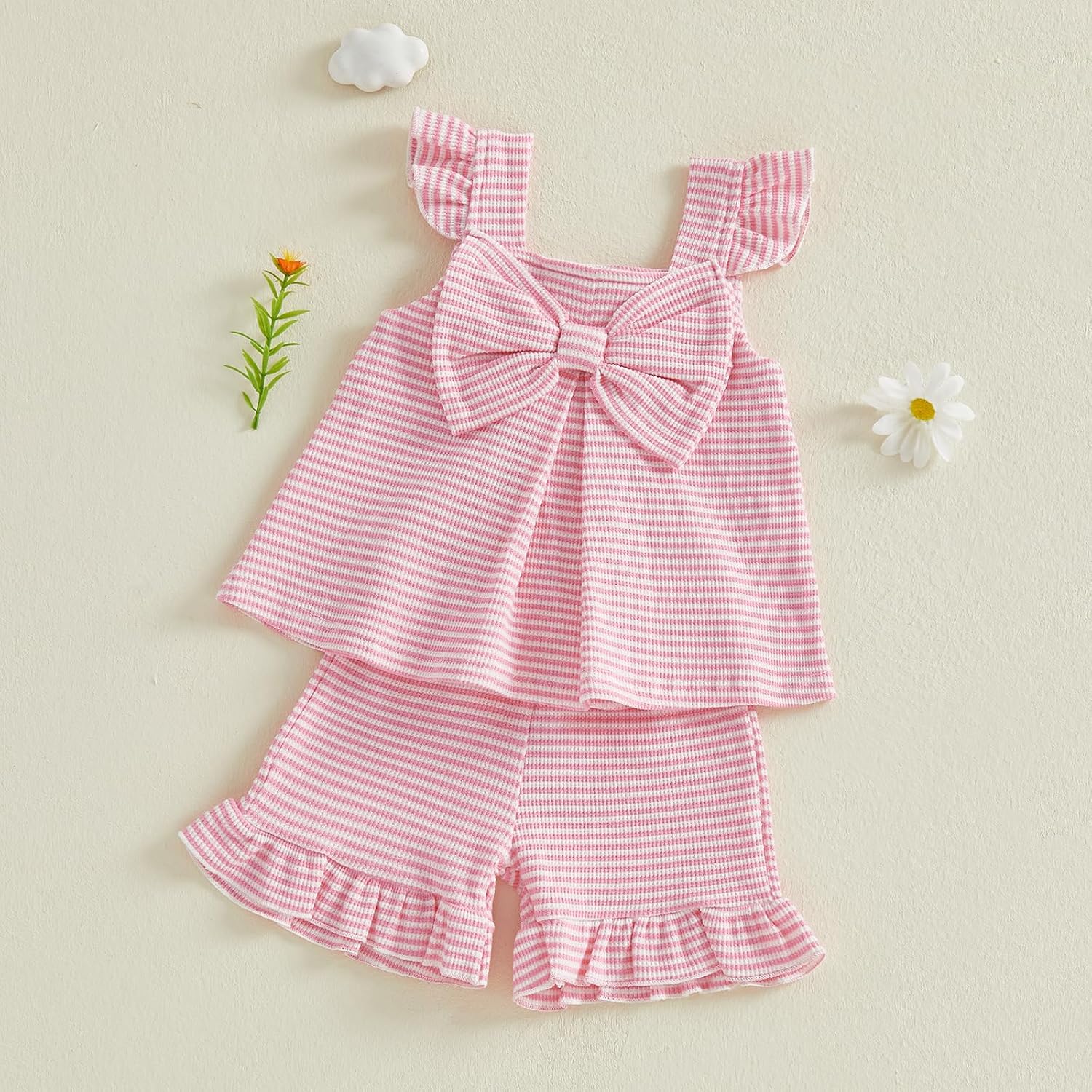Toddler Baby Girl Summer Outfit Cute Bow Flutter Sleeve Ruffle Tops Dress Shorts Outfits Set 6M-4T