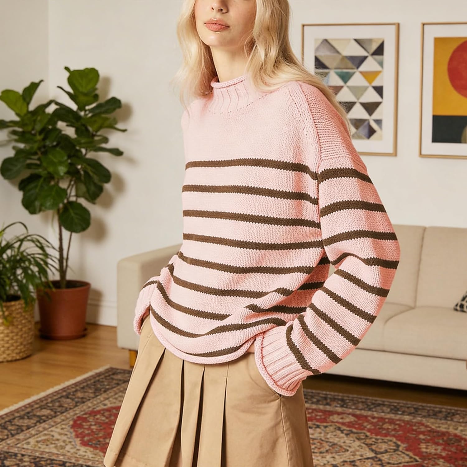 Oversized Sweaters for Women Roll High Neck Hem Long Sleeve Soft Chunky Cable Knit Striped Pullover Tops Outerwear - Image 4