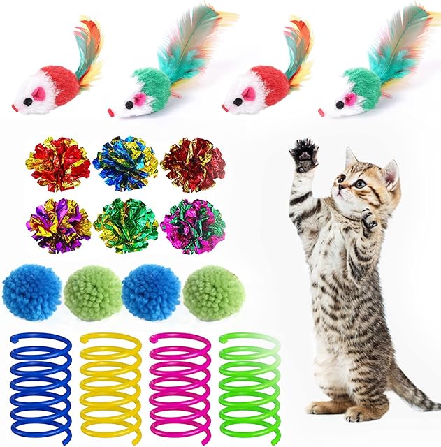 18 Cat Kitten Interactive Toys for indoor Cats,Cat Spring Toys,Interactive Ball Toys, Furry Mice Toys,Cat Crinkle Balls,Colorful Cat Feather Toys(Random Color)