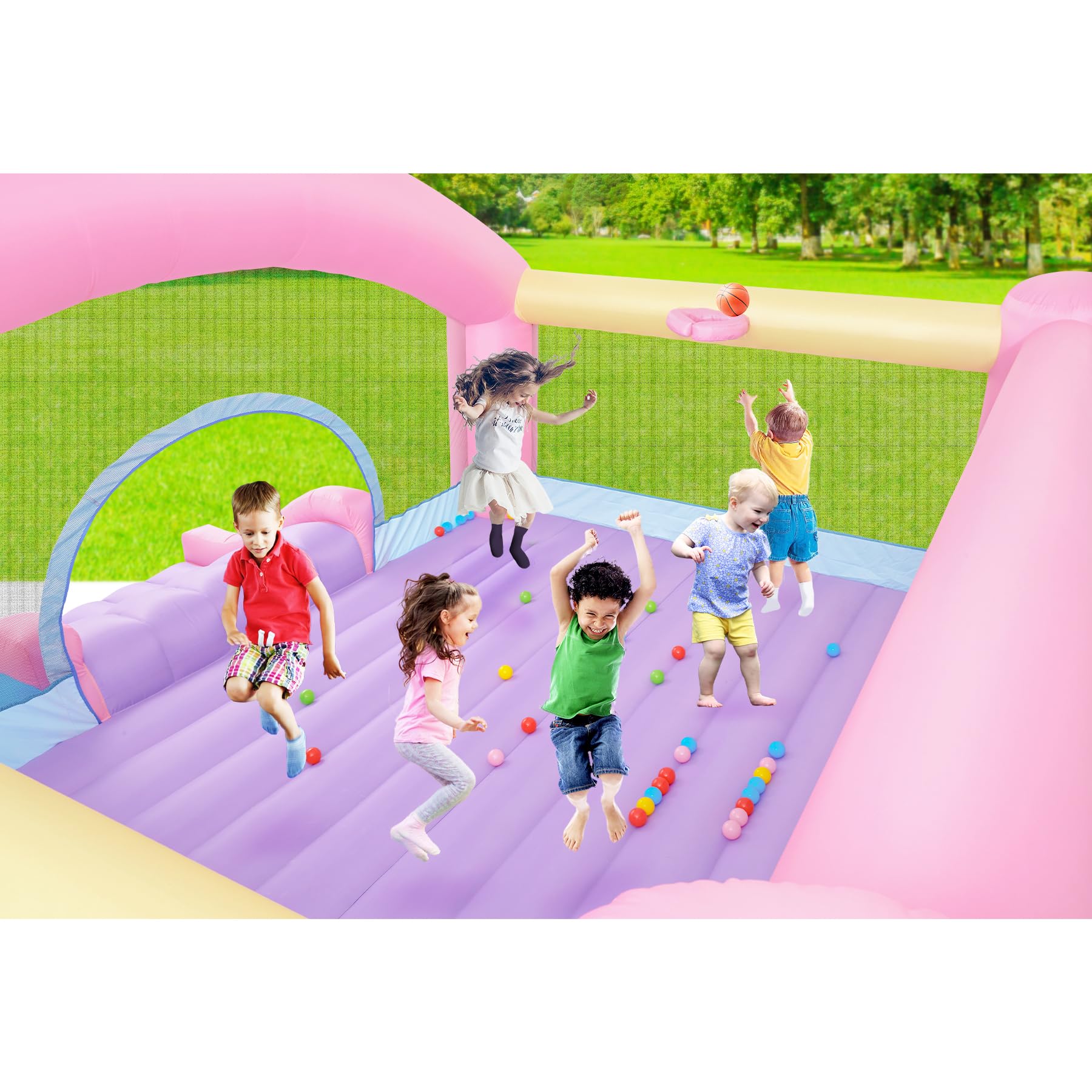 large bounce house for big kids, 14.8 x 14.5 ft inflatable bouncer jumper slide with 650w blower, basketball hoop, throw ball game, ball pits