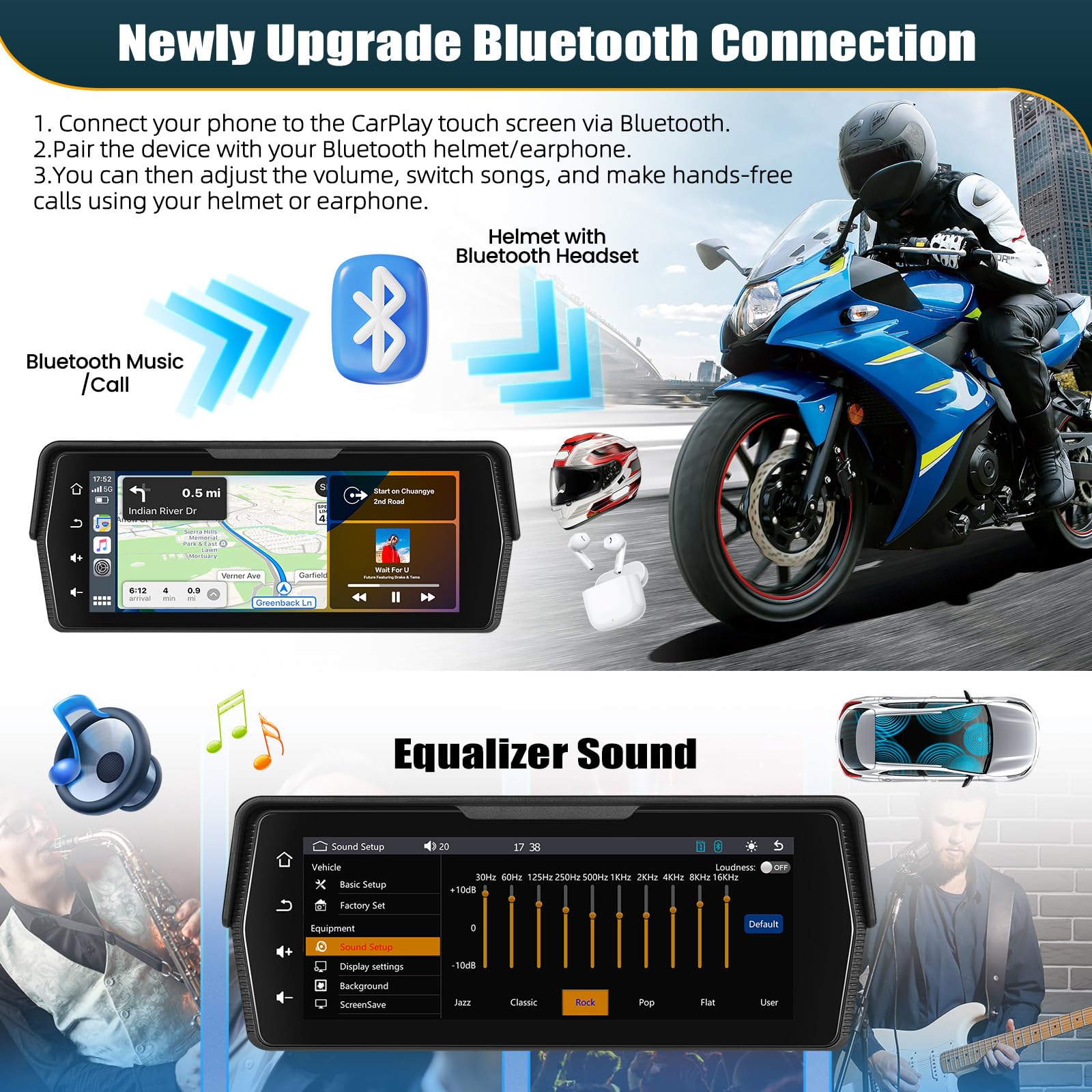 CMAECHO [2025] Dashcam Motorrad Carplay mit Vorne/Hinten Kamera, 6.86 Zoll HD Touchscreen IP68 Wasserdichter Motorräder mit Dual Bluetooth WiFi Android Auto Mirror Link Siri/G00gle Assistant
