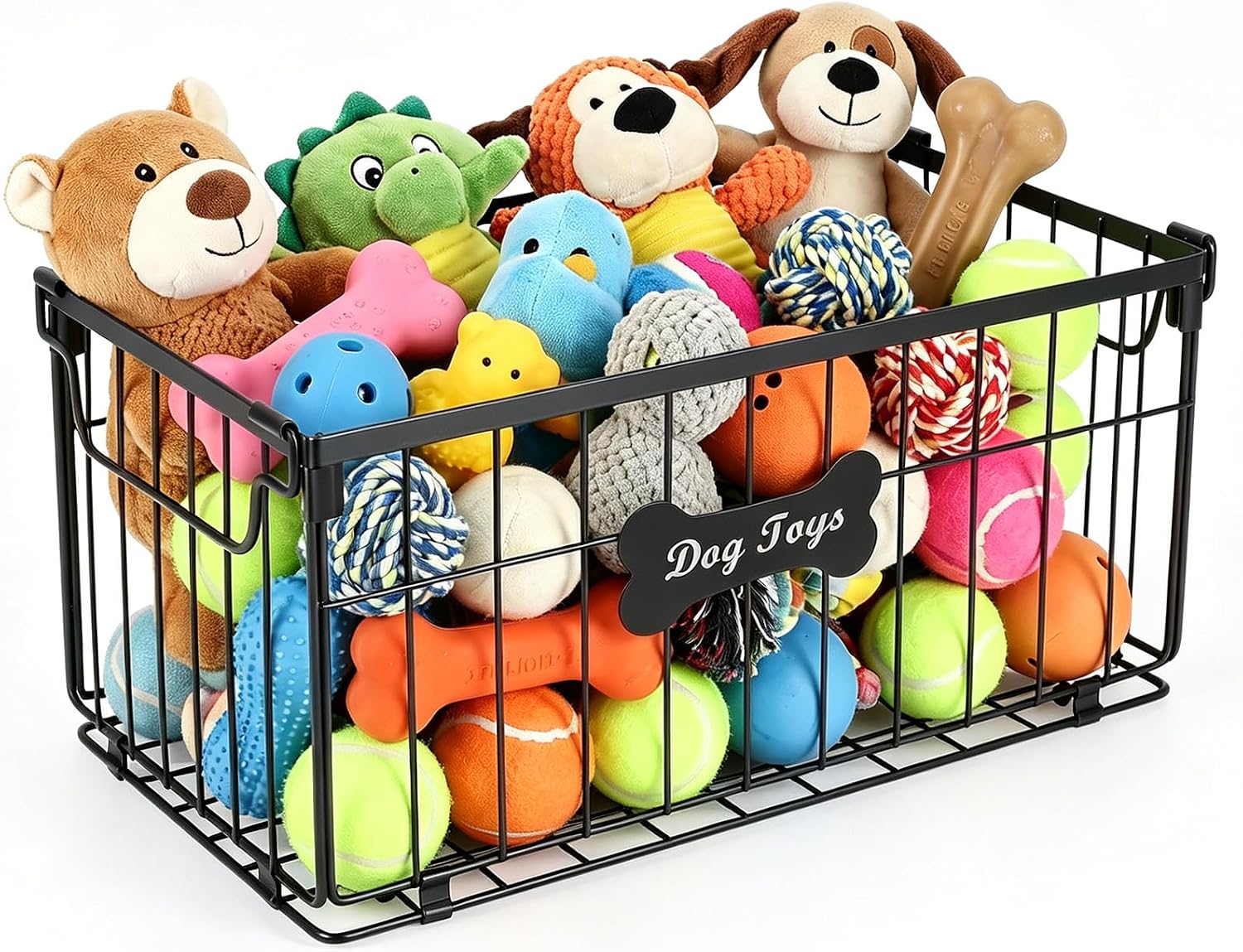 Metal Dog Toy Basket with Handles, Chew-Proof Dog Toy Storage Bin, Foldable Dogs Organizer Box for Living Room, Carbon Steel Crate for Pet Toys Treat, Rust-Resistant, Modern Black