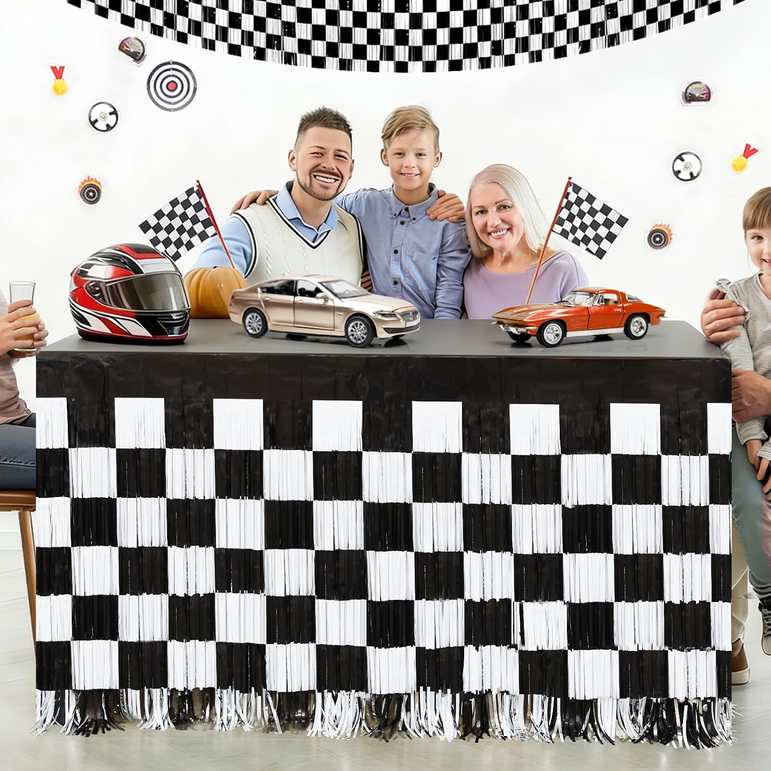Menstarsi Race Car Foil Fringe Table Cloths, Checkered Table Skirt, 4 Pack