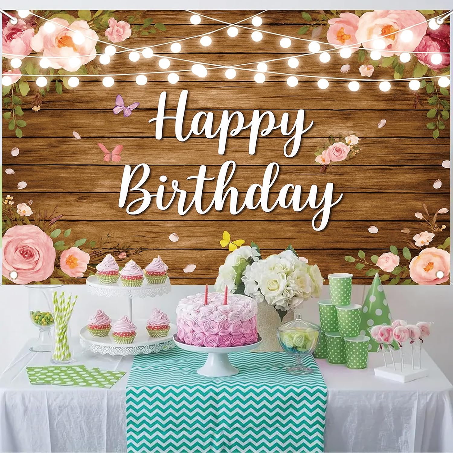 Rustic Wood Happy Birthday Backdrop Banner Floral Butterfly Birthday Photography Background for Women Girls Glitter Flower Party Decorations Supplies Photo Studio Props 71 x 43 Inch image 5