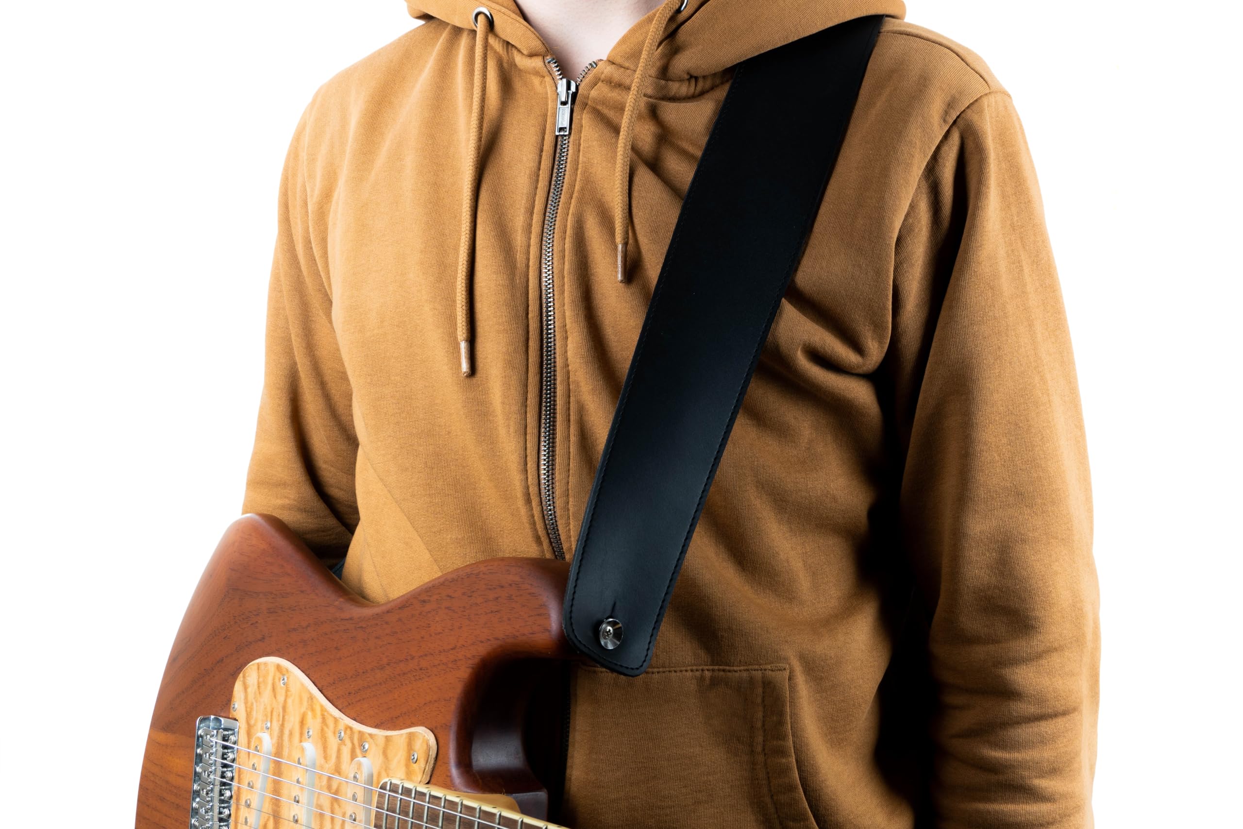 Gitarrengurt, klassisches Naturleder, verstellbare Länge, für Akustik-, Elektro-, Bassgitarren, Geschenk für Gitarristen, löst Schulter- und Nackenverspannungen (schwarz)