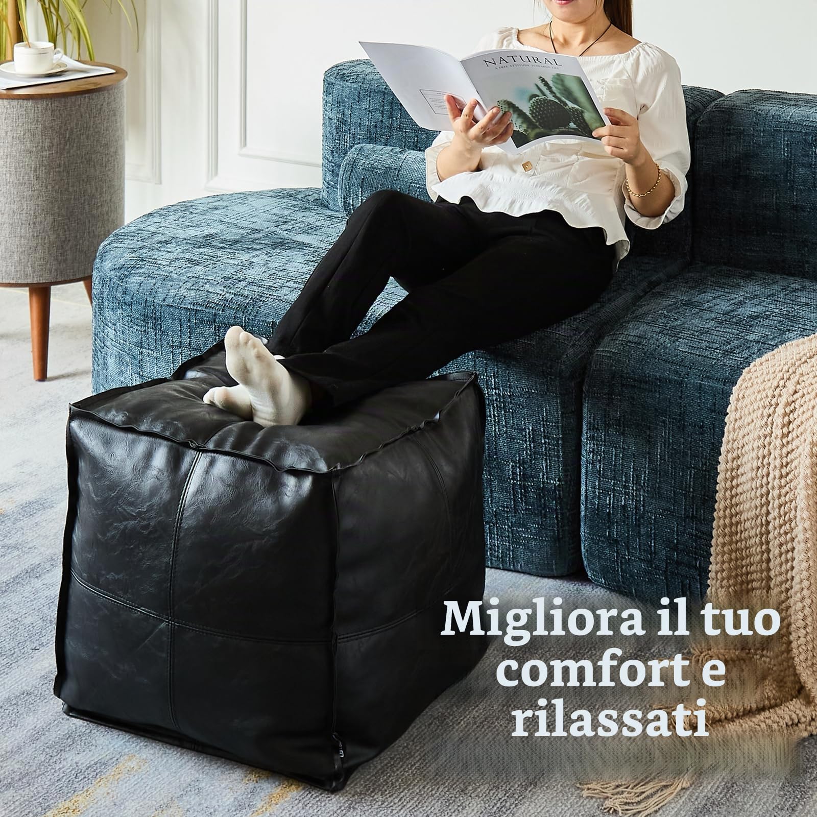 Louis Donné Pouf per pouf non imbottito, 17,7", quadrato, pouf ottomano, per soluzioni di stoccaggio, poggiapiedi in pelle impermeabile, per poggiapiedi (nero)