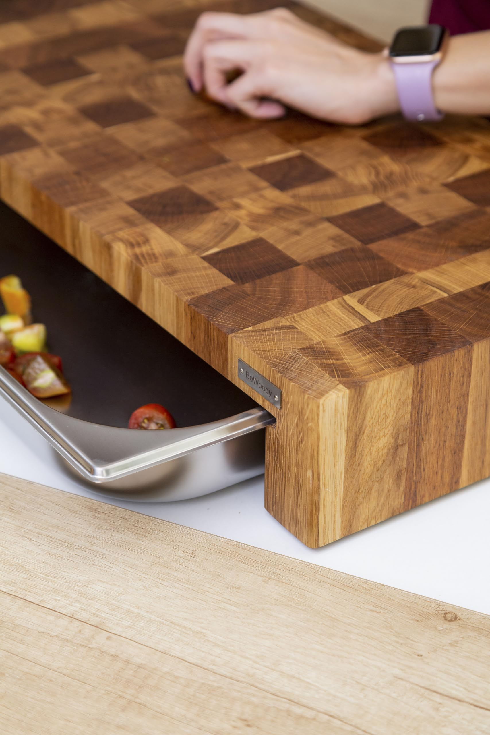 Premium XXXL Stirnholz Brett Hackblock mit Behälter 8 Liter 60X34X10 cm Schneidebrett Holz Eichenholz