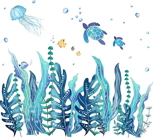 5 Sheets 3D Under The Sea Seaweed Wall Decals Sea Turtles Wall Stickers Ocean Grass Jellyfish Fish Removable Vinyl Wall Sticker for Kids Baby Bedroom Bathroom Living Room Wall Decoration
