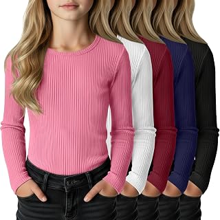 5 Pack Girls' Cotton Ribbed Long Sleeve Shirts