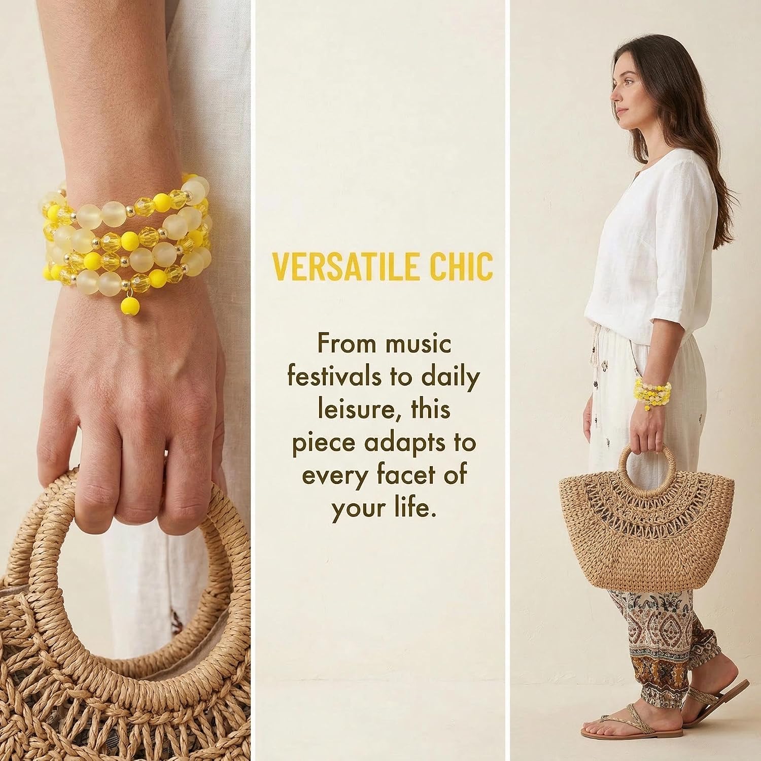 Coiris Multi Layers Statement Yellow Beaded Bracelet Adjustable Strand Bangle Bracelet for Women