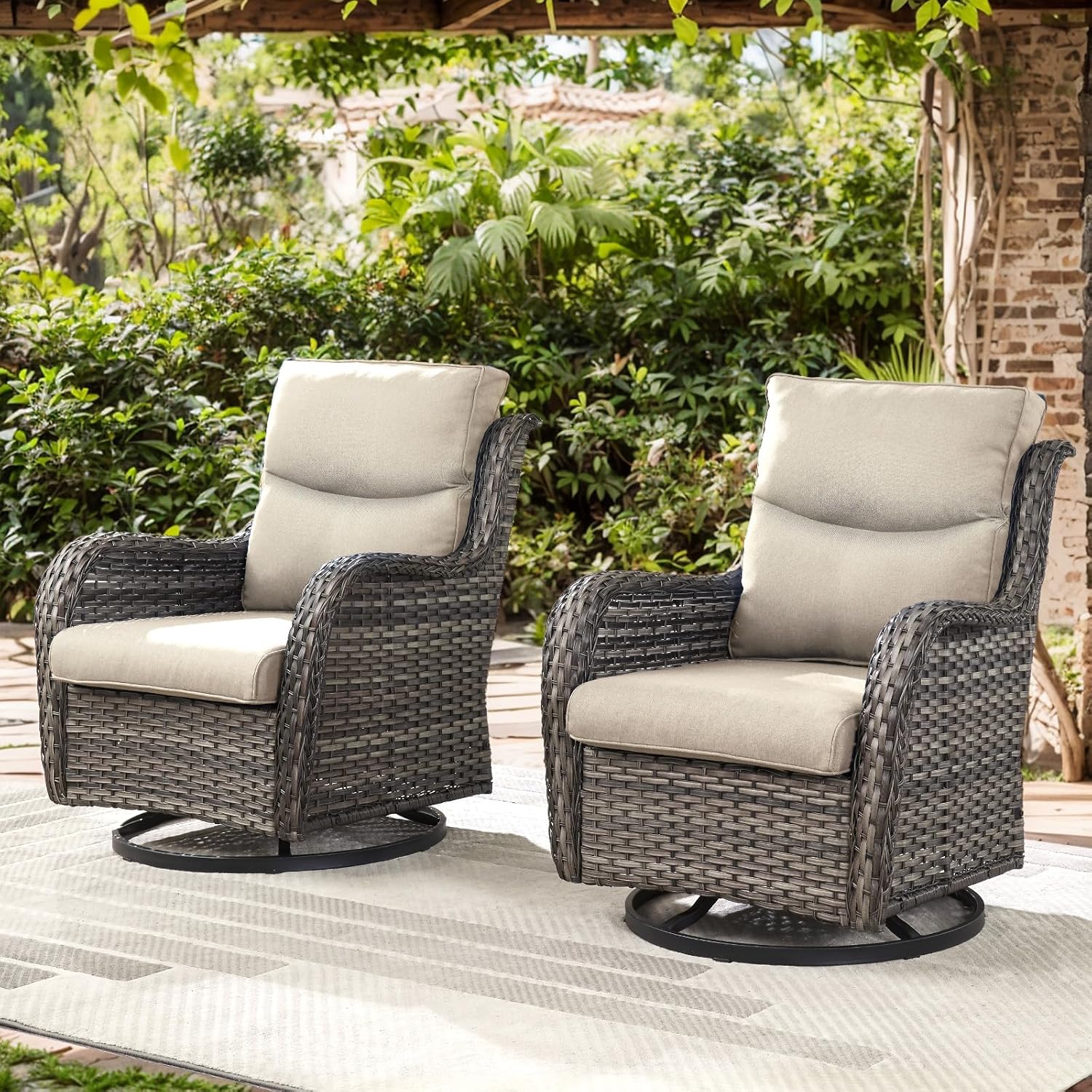 Patio Swivel Chair Set of 2, Resin Wicker Swivel Patio Glider Chairs with Smile-Shaped Cushions, High Back Luxury Swivel Patio Chairs for Outdoor, Brown Wicker|Beige Cushions