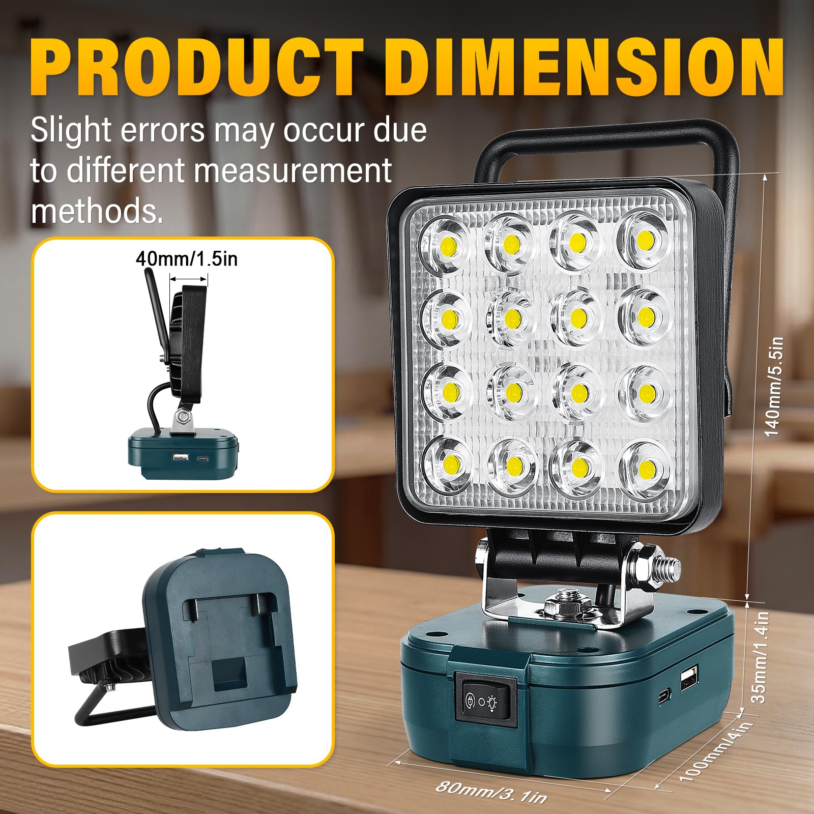 RIGIDON recargable portatil foco de trabajo led para batería bosch 18V /20V | sin batería, 4 pulgadas, 48W 4800lm, foco led Lámpara, para camping trabajo pesca construcción, emergencia, 6000K blanca