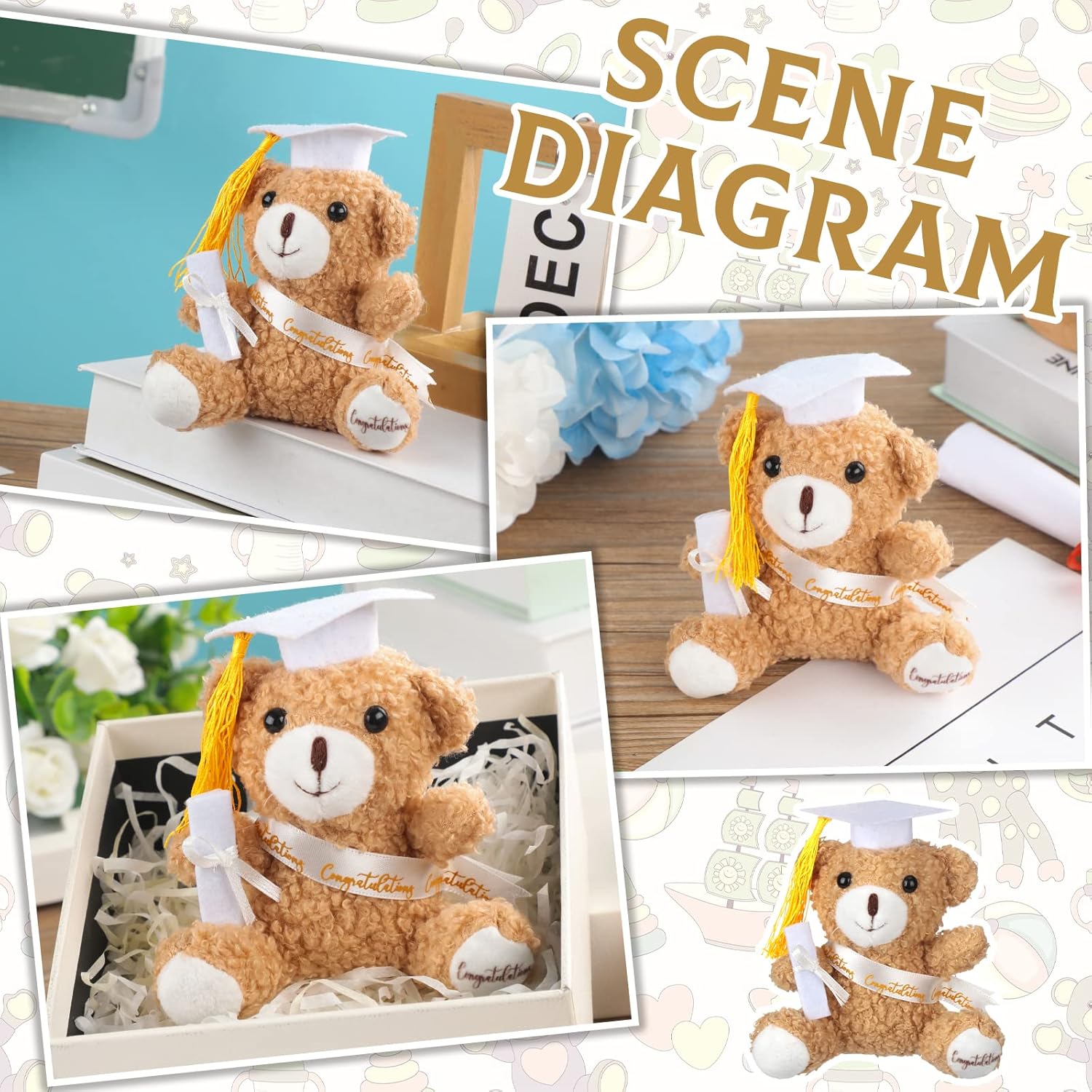 Chuangdi 12 Pcs 4 Inch Mini Graduation Bears Bulk Class of 2026 Mini Bears Plush Stuffed Animals with Diploma Cap Sash for Her Him Graduation Party Gifts Favors(White)