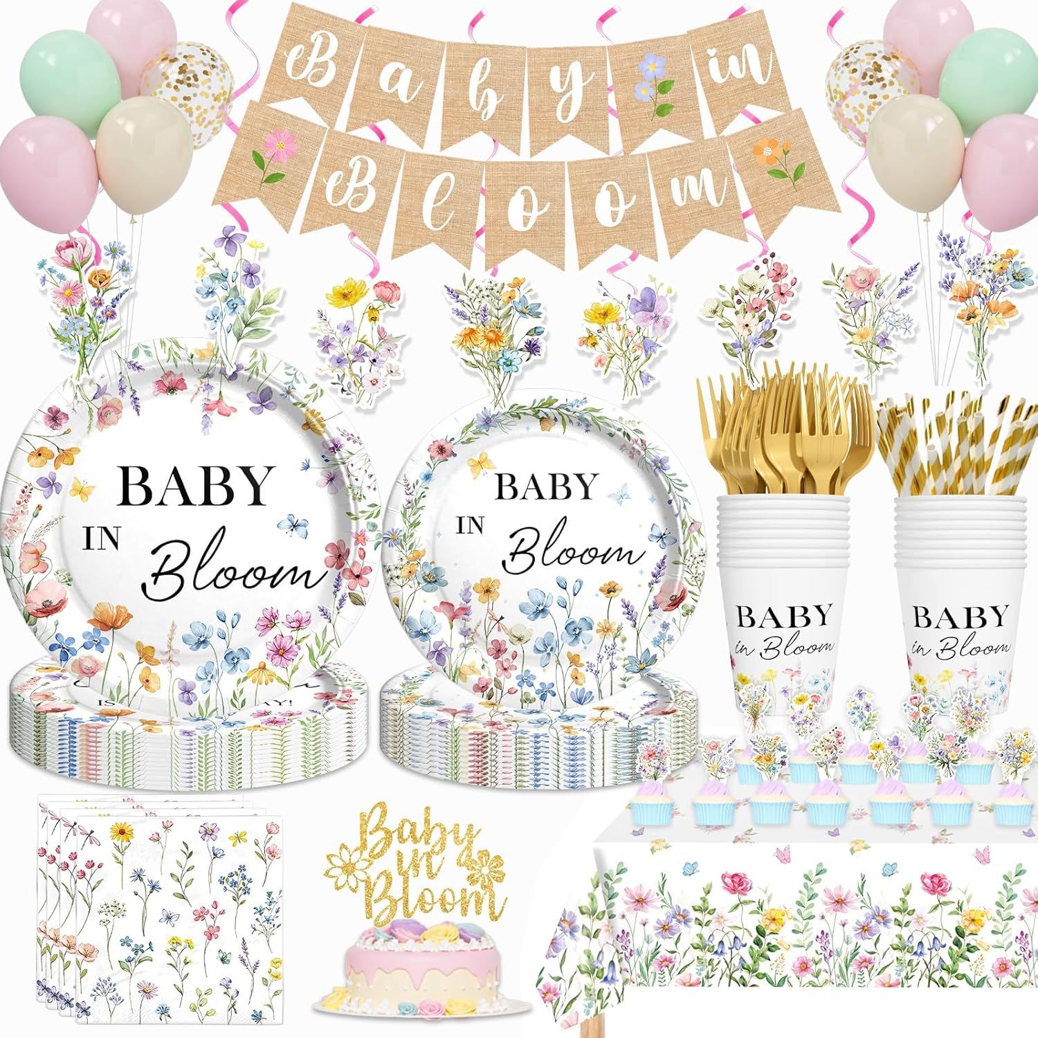 Hombae Baby in Bloom Baby Shower Decorations, 194PCs Spring Wildflower Party Supplies Wild Flower Tableware with Balloons Floral Banner Plates Napkins Forks Straws Service 24