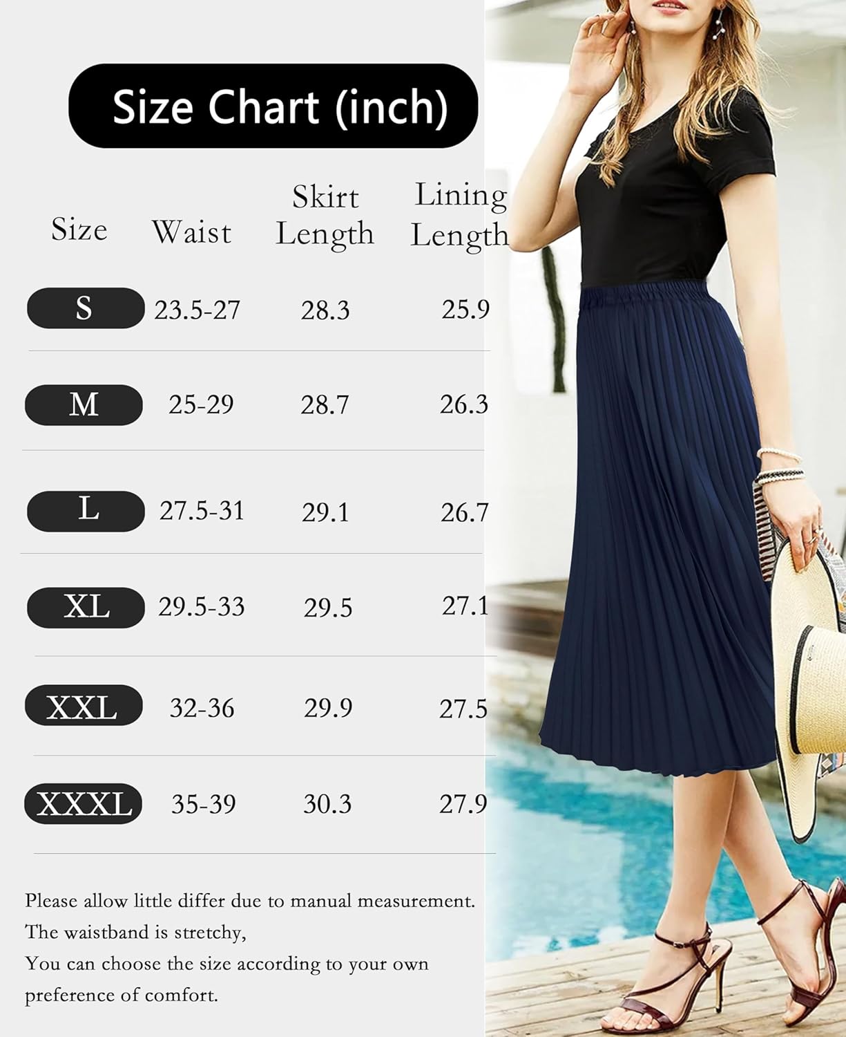 Women's Pleated Skirts High Elastic Waist A-Line Swing Skirt Midi Length - Image 5
