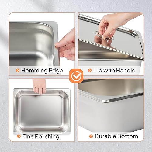 Miniatura 4 de ROVSUN Sartén de hotel de tamaño medio, paquete de 2 bandejas de mesa de vapor de 4 pulgadas de profundidad con tapa, acero inoxidable antiatascos