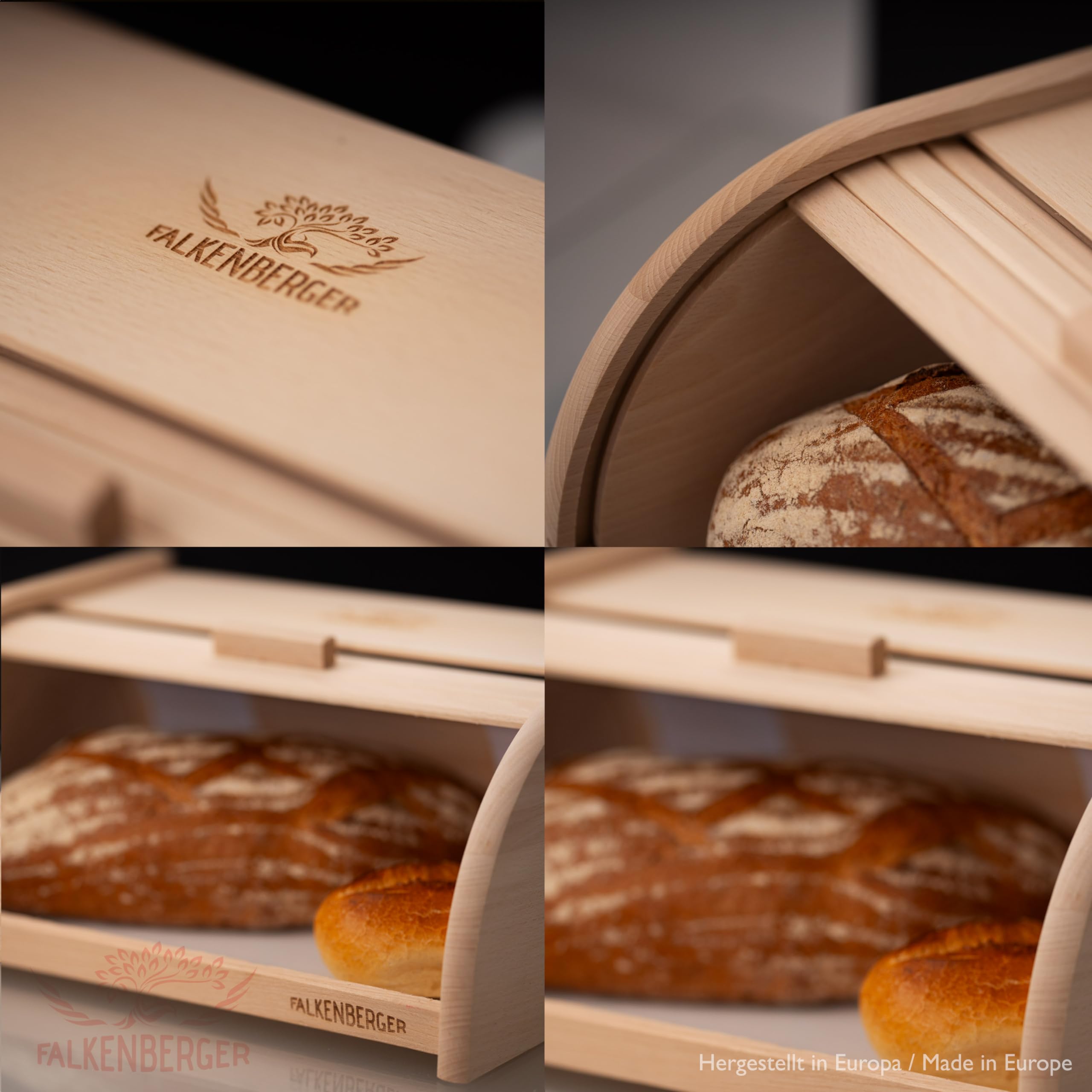 Contenitore per il pane in legno di faggio, ca. 39 x 28 x 18 cm, XL, con coperchio arrotolabile, realizzato a mano