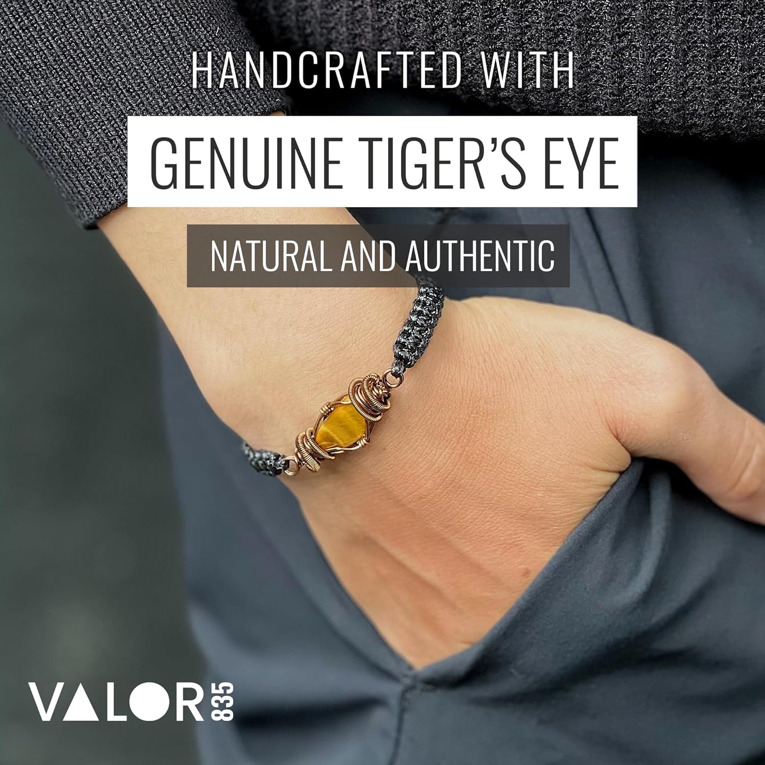 NEW VALOR 835 Raw Bracelet for Men - Natural Crystal Gemstone - Men’s Jewelry Gift - Size Adjustable Bracelet - Tiger’s Eye Bracelet - October Birthstone - Gift for Men