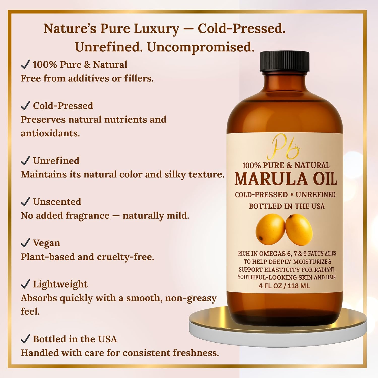 Marula Oil | 100% Pure, Cold-Pressed & Unrefined | Marula Oil for Face, Skin & Hair – Rich in Omegas 6, 7 & 9 – Helps Improve the Look of Fine Lines & Wrinkles | 4 fl oz Glass Bottle - Image 3