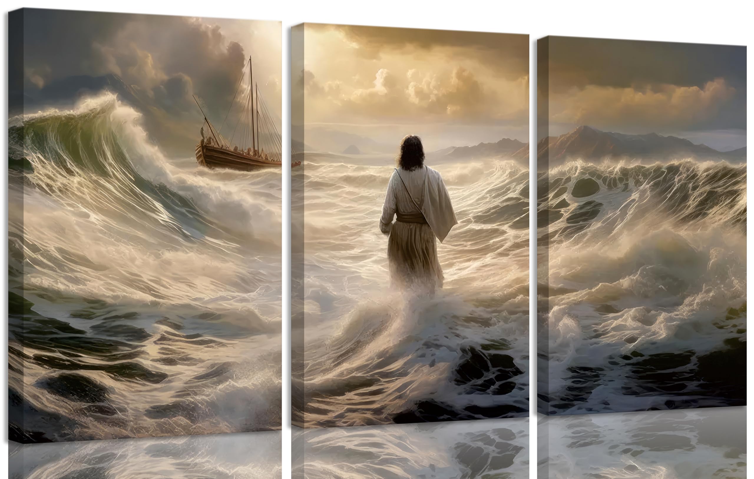 3 lienzos de Jesús caminando sobre el agua, arte de pared con historias bíblicas cristianas, cuadro decorativo para pared, espíritu religioso, fe, póster impreso para sala de estar, dormitorio,