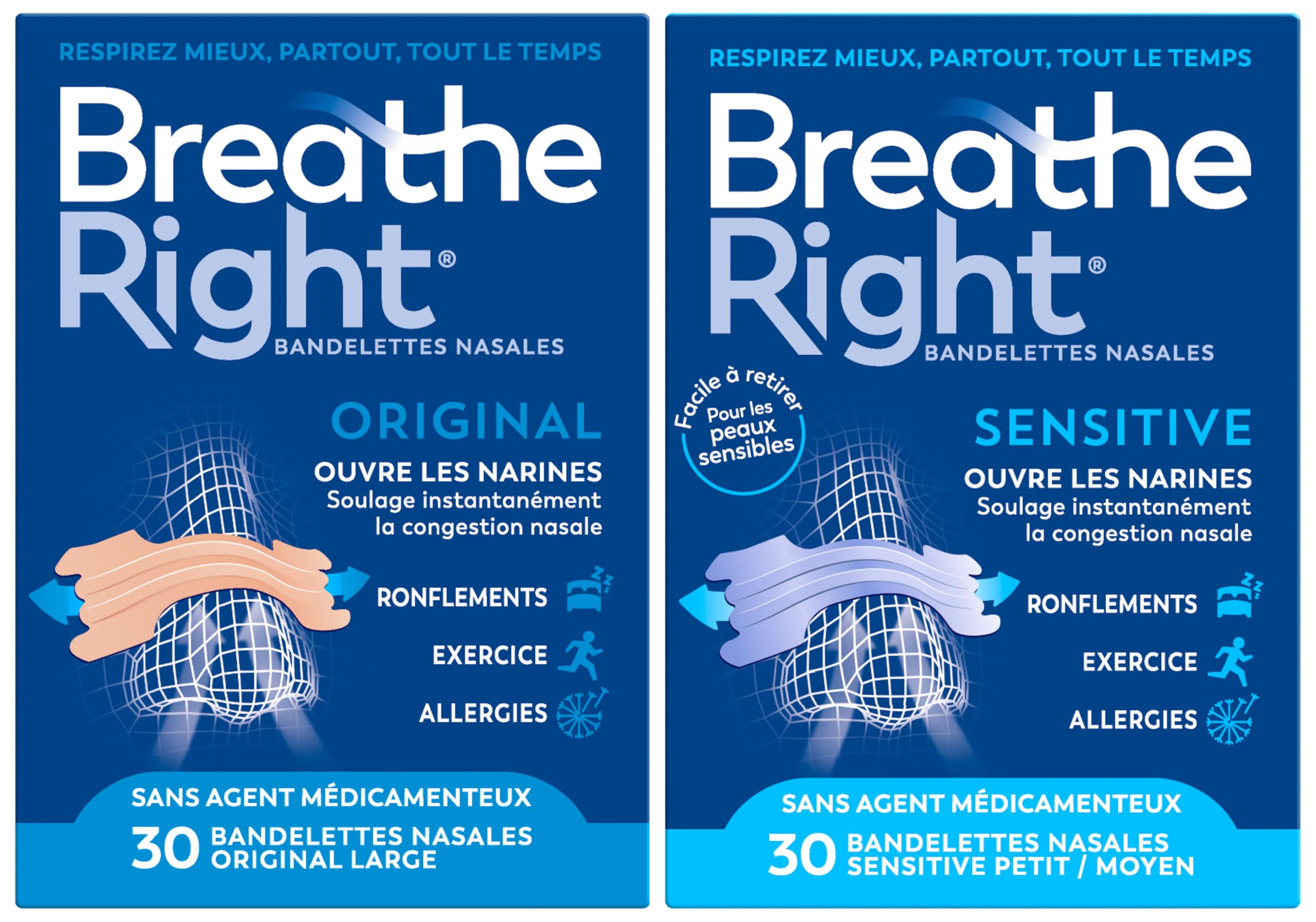 Breathe Right Bandelettes nasales Original Beiges 30 + Sensitive Transp. 30