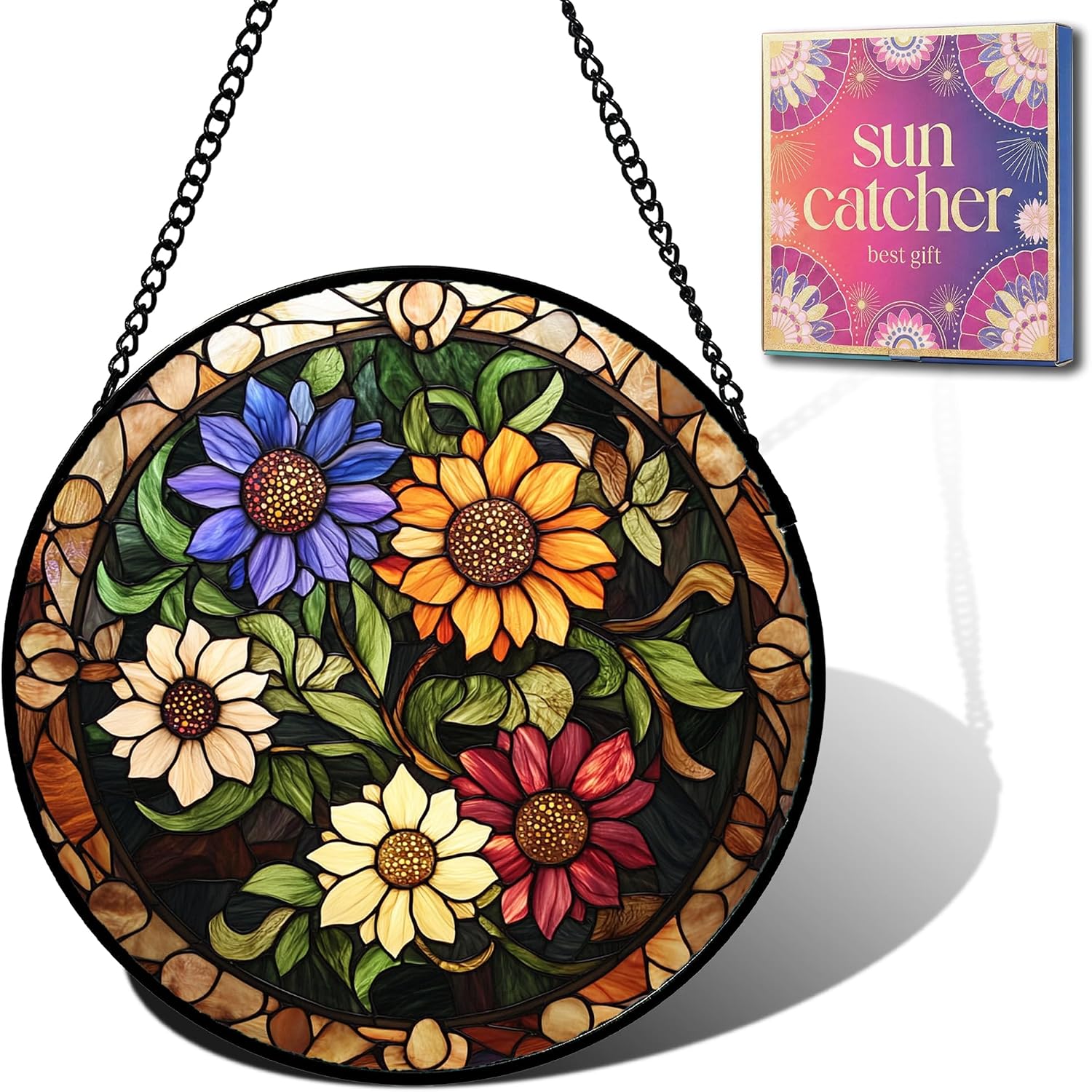 Birthday Gifts for Women - Colorful Wildflowers Faux Stained Glass Window Hanging Sun Catcher for Decor Mother's Day Stocking Stuffer for Mom Nana Men Grandma 7.87 Inch