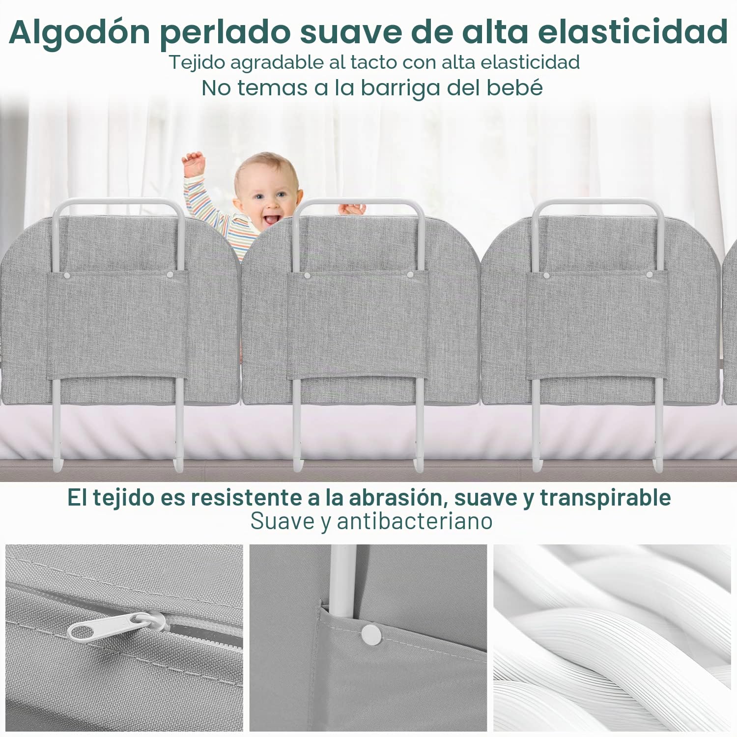 Eulenke Barrera para cama infantil de 60 x 28 cm, barrera para cuna de bebé, protección ajustable de 5 agujeros, barrera anticaída suave para camas familiares y cunas, gris
