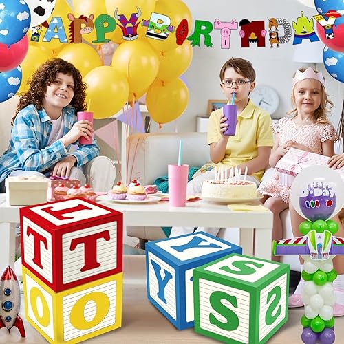 Miniatura 5 de 4 piezas de decoración de fiesta temática de juguetes de 11.8 x 11.8 in, caja grande de recuerdos de fiesta, caja de globos, decoración de fiesta de