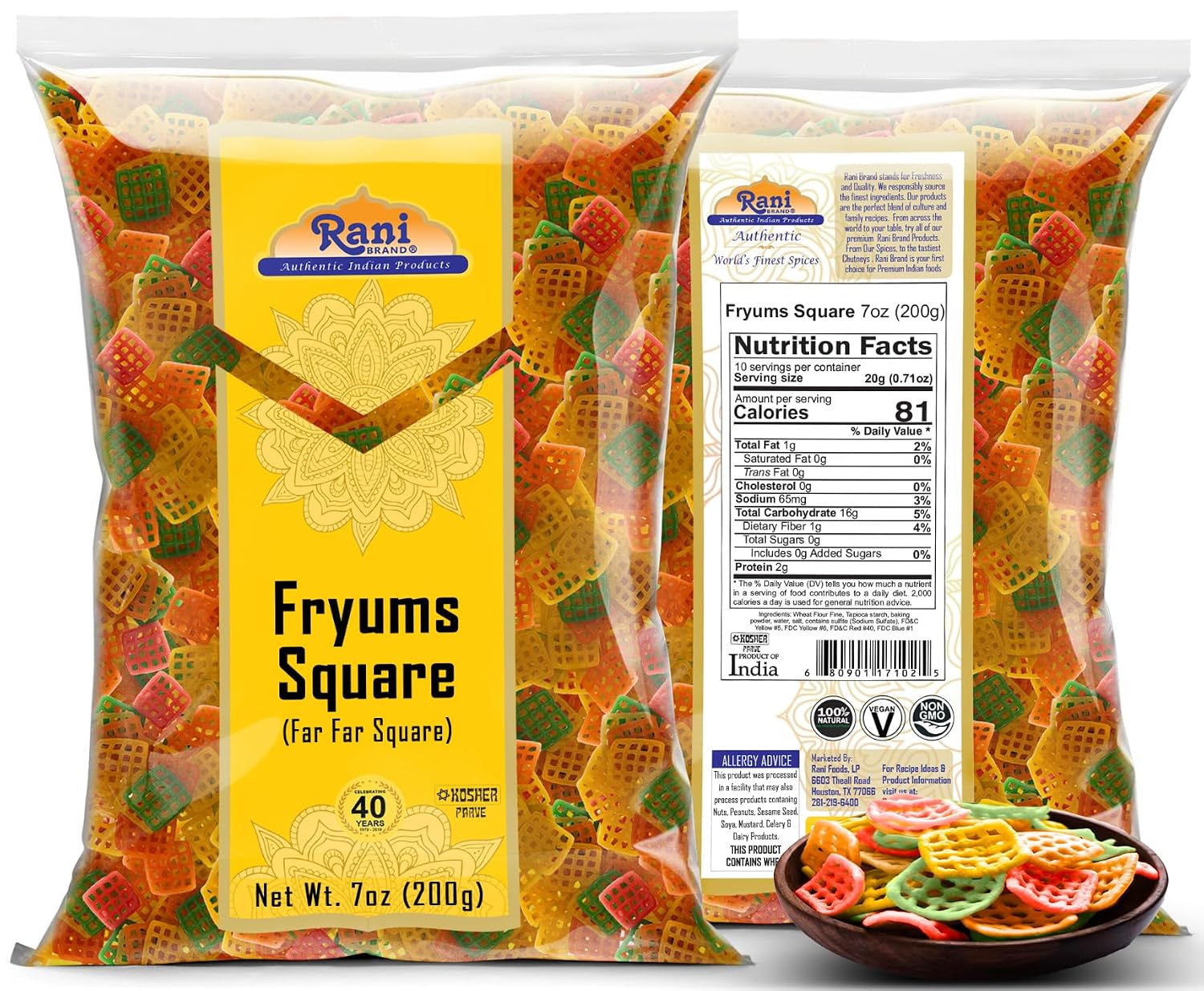 Rani Far Far / Fryums (Wheat & Tapioca Pellet) Square Shape 7oz (200g) ~ Vegan, Kosher, Uncooked, Used to Make Papad, Bhungra / Chip Snack image 2