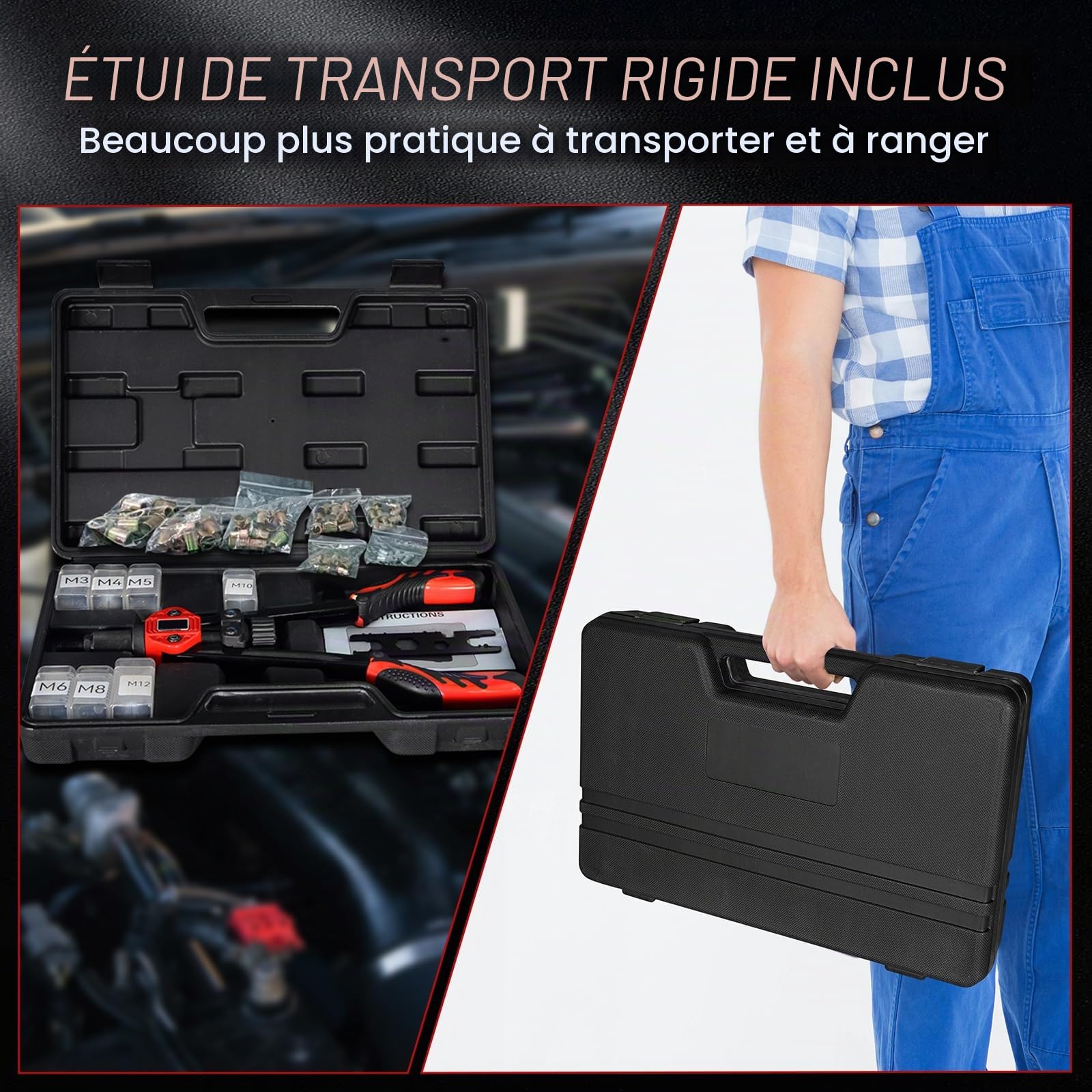H HOLDPEAK Pince a Insert Fileté, 13" Pince a écrous à rivets, Kit Professionnel Outil à Riveter avec 70 écrous et 7 Mandrins M3-M12 facile à remplacer, Pince a Rivet Fileté avec étui de transport