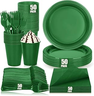 Green Plastic Plastic Party Plates and Napkins Set for Birthday, Christmas | Disposable 9’’ Dark Green Dinner Plates and Cups and Napkins Party Supplies Dinnerware, Serves for 50 Guests
