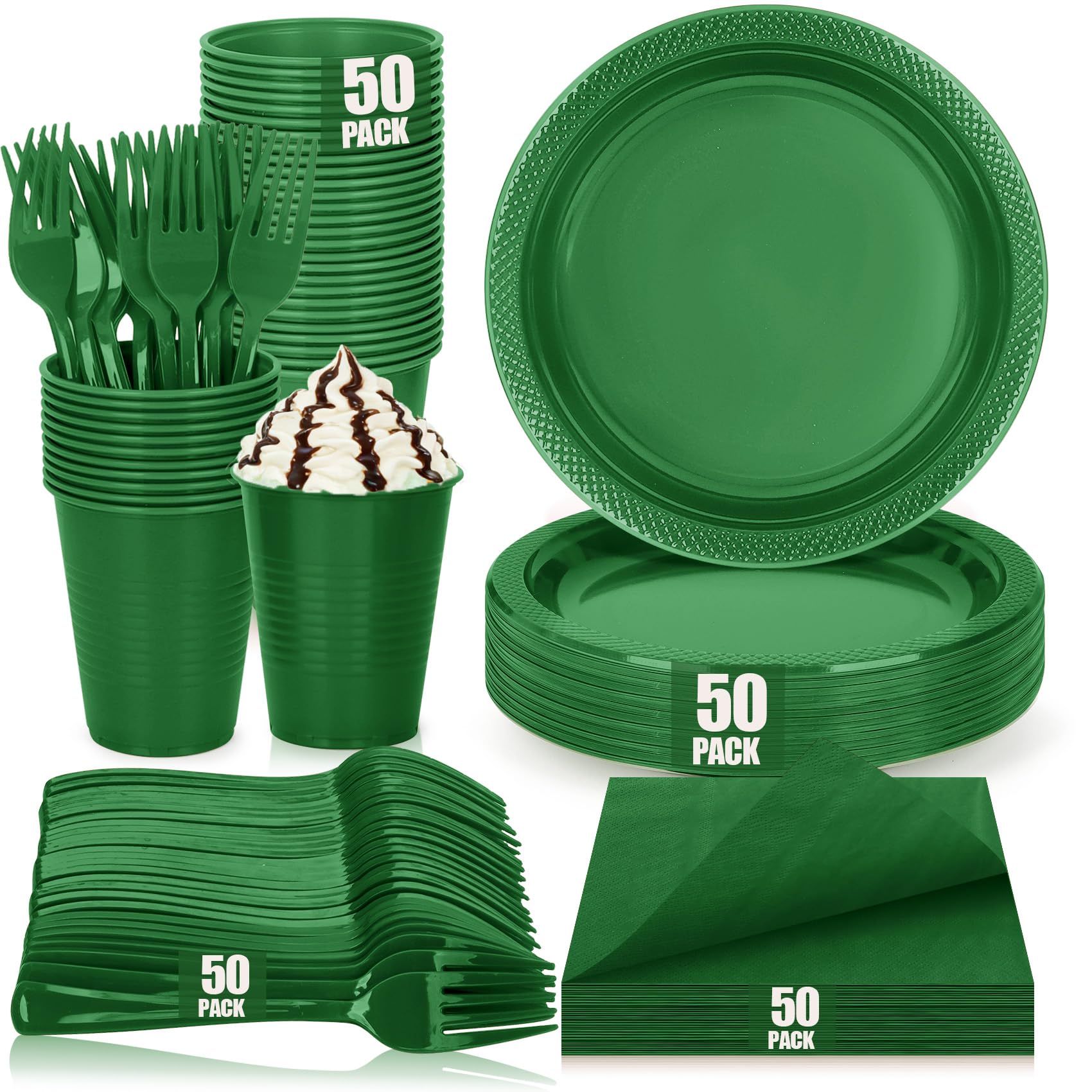 Disposable Green Plastic Plates for Party, 9'' Green Party Plates and Cups and Napkins Set for 50 Guests, Party Supplies Dinnerware for Birthday,