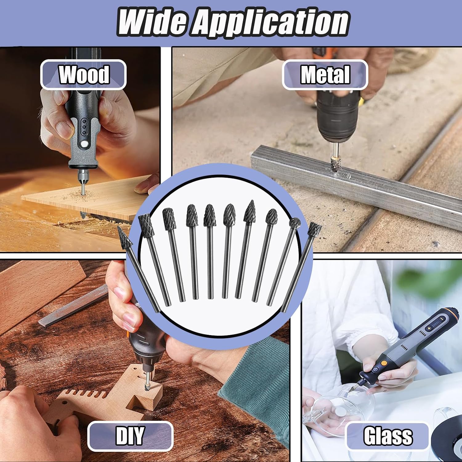 10 Pcs Carbide Burr Set 1/8" Shank Engraving Bits with Rotary Tool Metal Grinding Bit for Metal and Wood Carving Grinding Polishing Engraving Drilling
