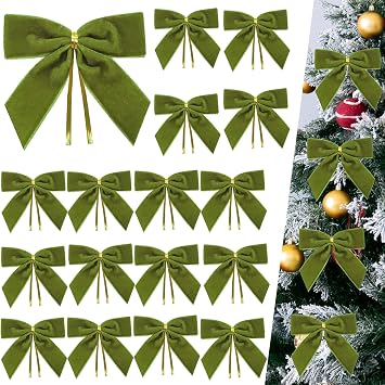24Pcs Olive Green Velvet Christmas Tree Bows Ornaments Vintage Velvet Ribbon Bows for Tree Garland Wreath Indoor Outdoor Christmas Decor Xmas Decorations 1" Wide, 3.5 * 3.5 inch