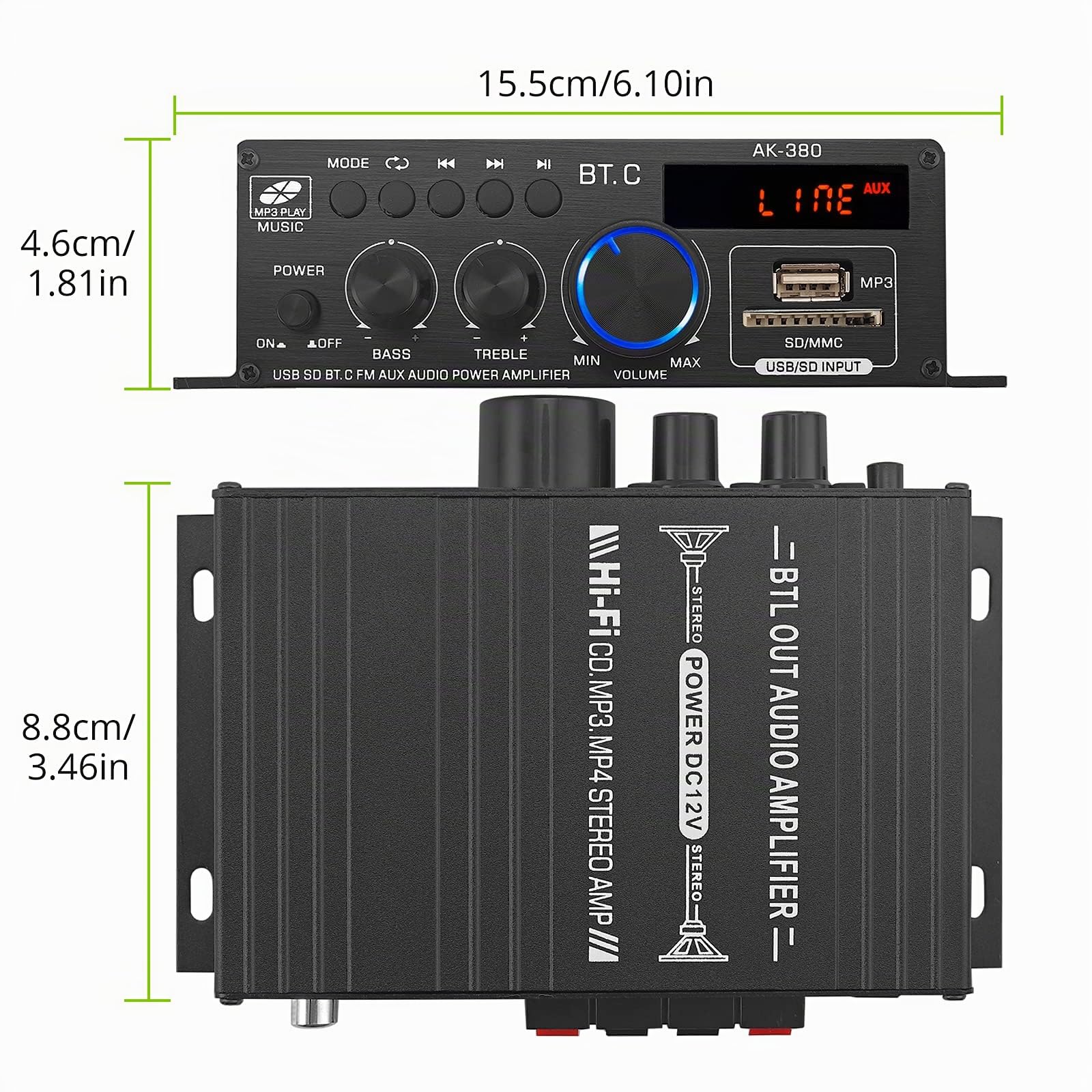 LiNKFOR Amplificatore Bluetooth 5.0 con Display LCD Amplificatore Potenza 2.0 Canali 40W+40W con Alimentatore 12V/5A Supporta Disco U Wireless BT Controlli Bassi/Alti AMP Audio per Auto Casa Garage