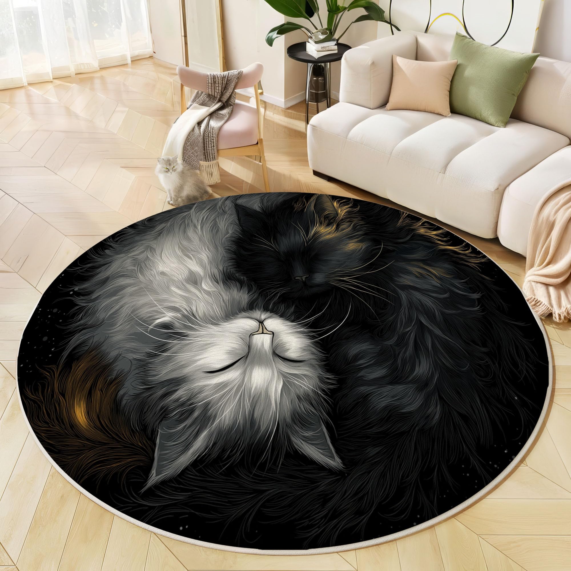 Tapis de chambre rond chat Yin Yang pour espace enfant
