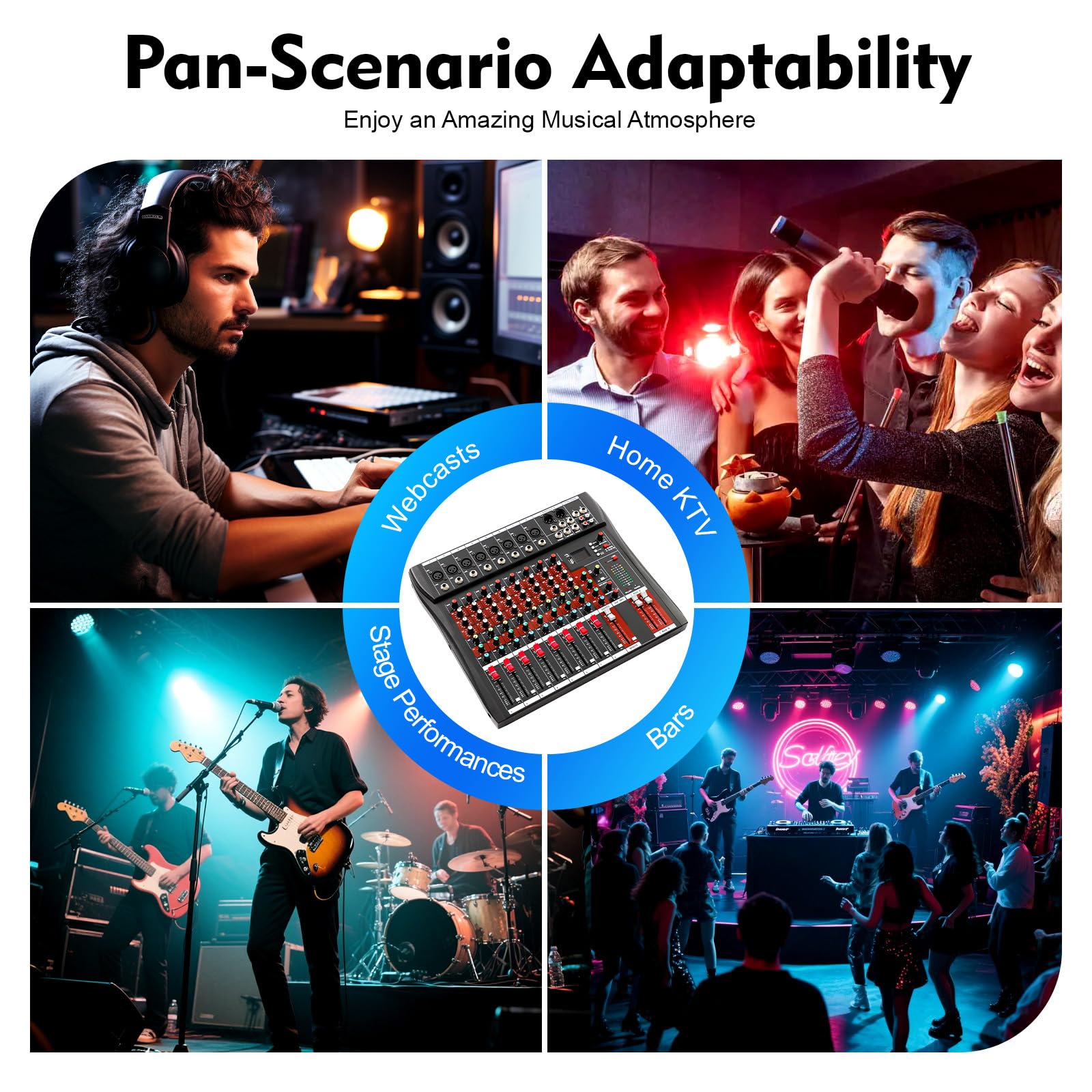Mixer Audio Mixer 8 Canali Professionale con Bluetooth USB, Mixer 8 Ingressi Microfono Alimentazione Phantom 48V, Equalizzatore 3 Bande Fader Preciso per Karaoke Studio Scena