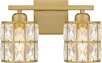 Quoizel Gibson Bath Vanity Lights, 13 Inch 2-Light Aged Brass Bathroom Lighting Fixtures Over Mirror, Clear Beveled Crystal Shade, Contemporary Wall Mount Light for Bathrooms, Kitchen or Hallway