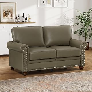 TTK 59" Faux Leather Loveseat Sofa, Mid Century Modern 2 Seater Couch with Storage Space, Comfy Leather Small Couch with Nailhead Trim & Rolled Armrests for Living Room, Apartment, Bedroom, Grey