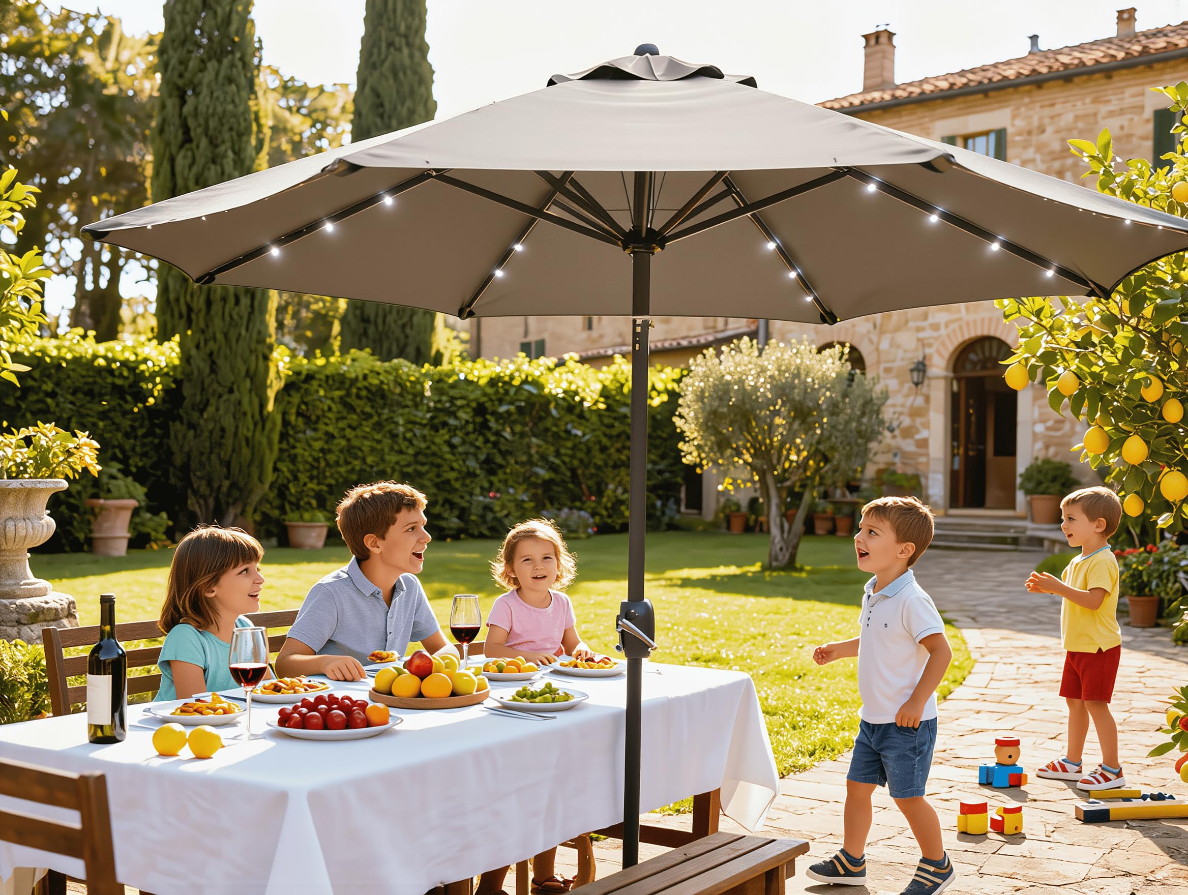 Ombrellone da Giardino BALì 3 Metri Inclinabile con Luci LED Solari Integrate – Protezione UV80+ – Apertura a Manovella Push-Button – Struttura Acciaio Verniciato – Parasole Terrazzo Piscina Dehors