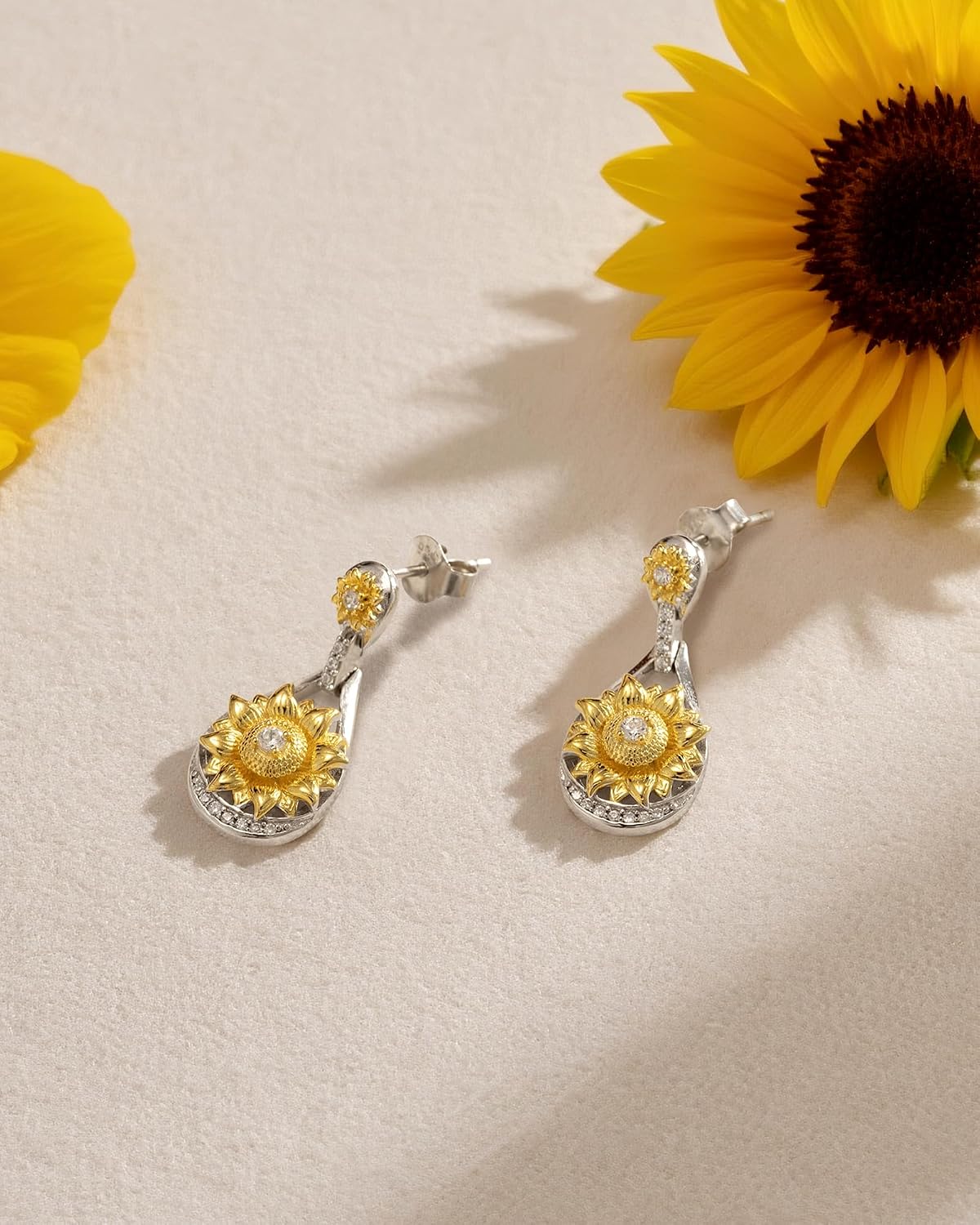 925 Sterling Silver Sunflower Earrings for Women, Lucky Horseshoe & Teardrop Dangle Earrings, 18K Gold Plated Two-Tone Hypoallergenic Jewelry with Cubic Zirconia, Good Luck Gifts for Mom Wife Girlfriend Anniversary Birthday Christmas