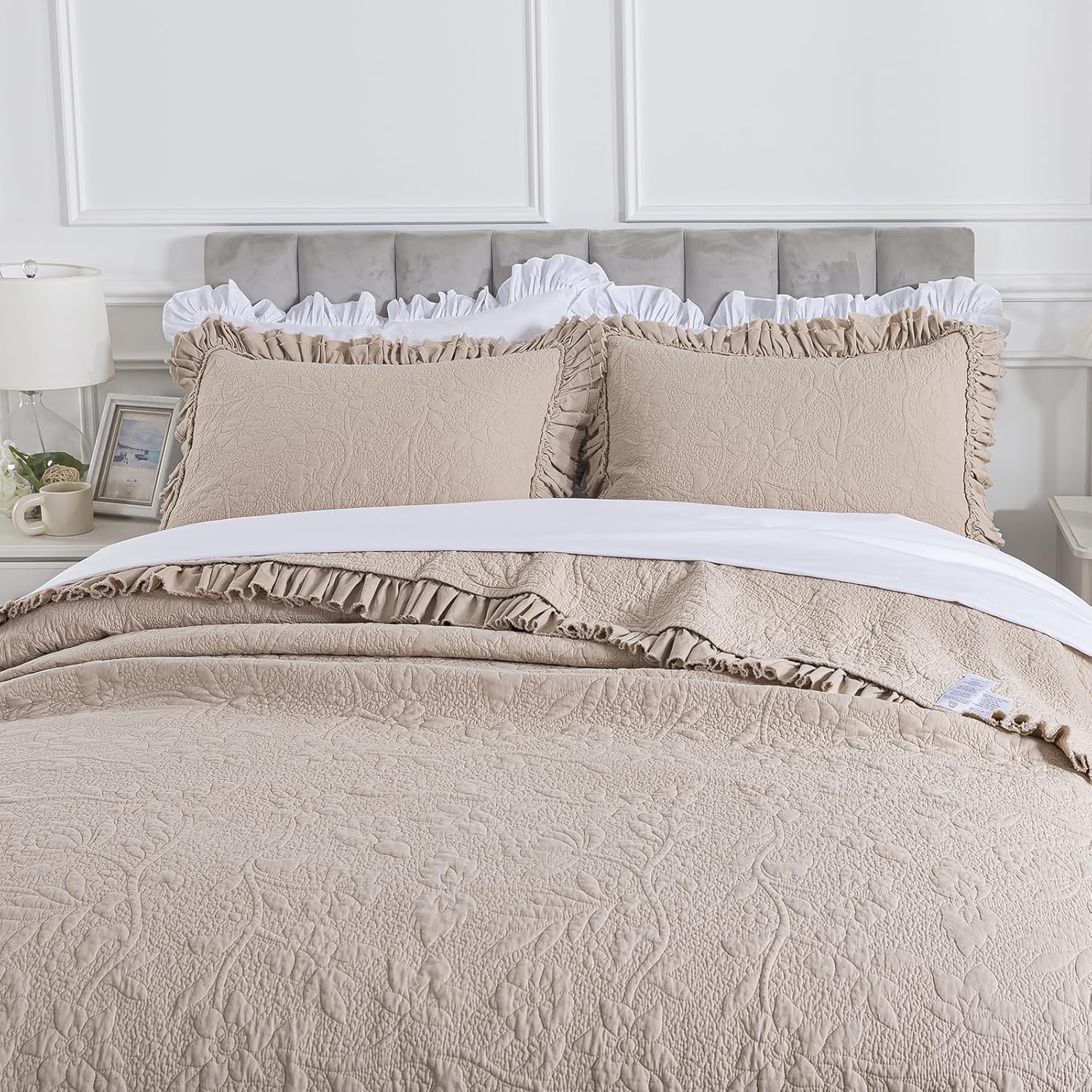 Brandream Luxury Khaki Cotton Quilt Set King Size Premium Floral Vine Stitching Ruffled Bedspread Cottage Farmhouse Quilt Bedding Set 3-Piece