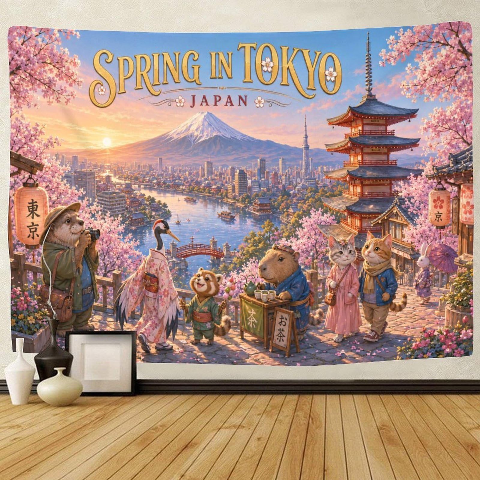 ASDFGHJKLZA Tokyo Animal Japanese Landscape Tapestry for Bedroom 3D Print Wall Art Decor Tapestries Poster Home Decoration Bedroom Dorm 130cmx150cm