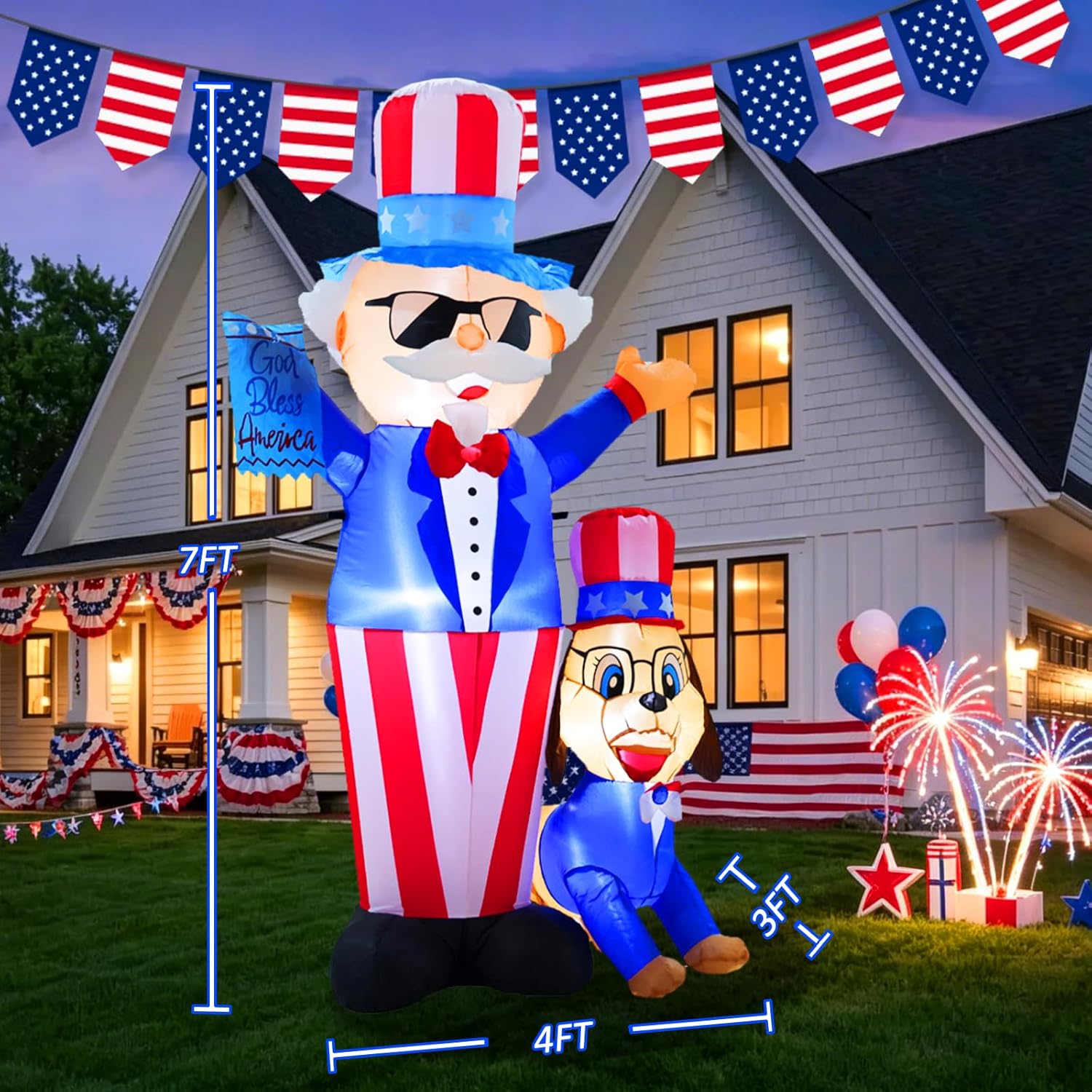 7FT Patriotic Independence Day 4th of July Inflatables Outdoor Decorations, Uncle Sam with Dog Decoration, Built in LED Lights Blow up Holiday Decor for Lawn Yard Outdoor Indoor