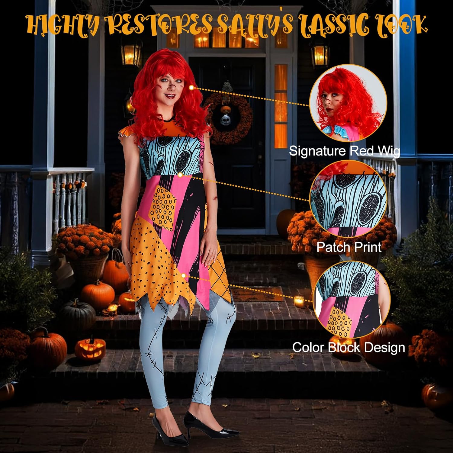 4PCS Sally Costume Cosplay Dress for Women,Women Adult Halloween Nightmare Cosplay Costume,Red Wig - Image 4