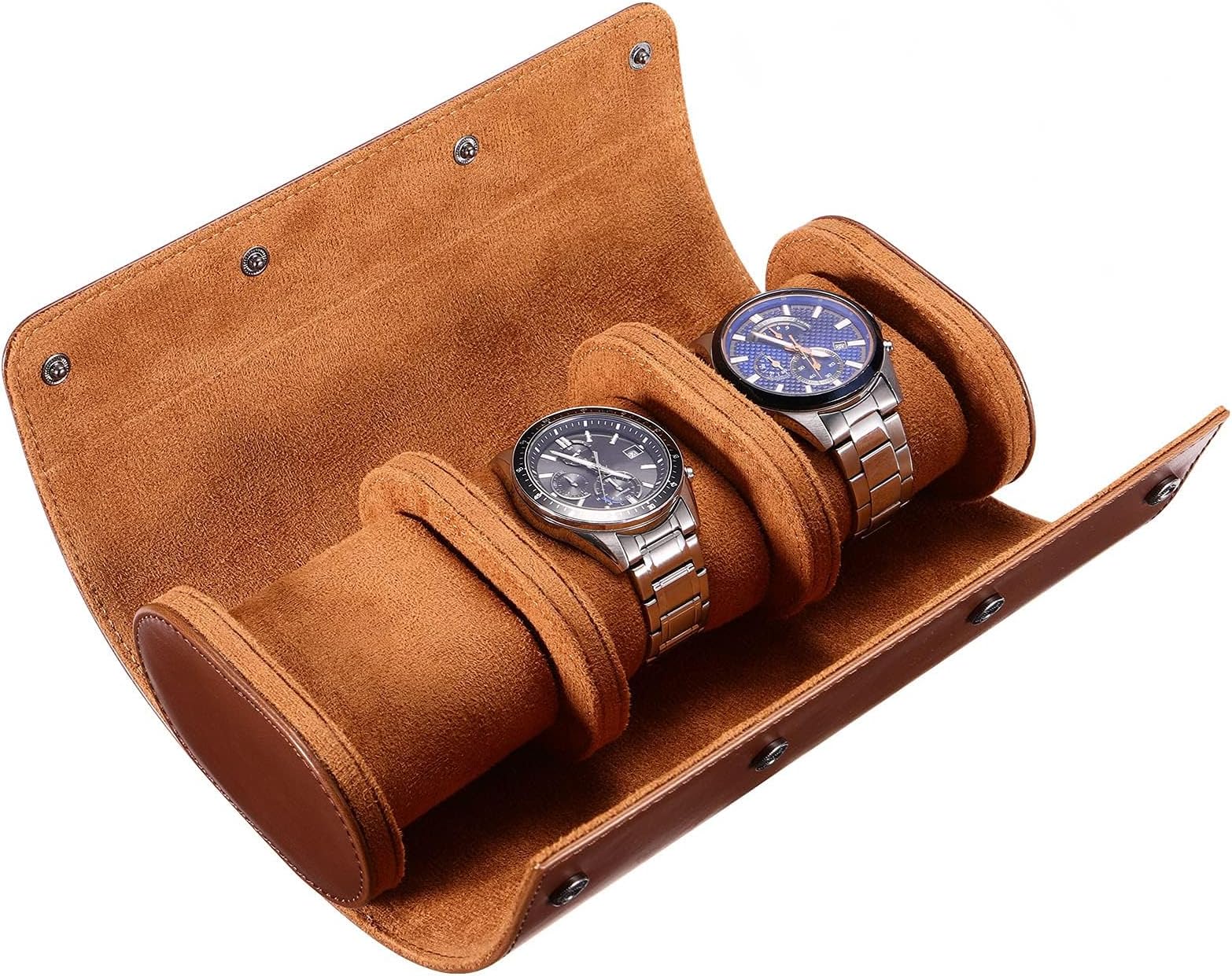 Watch Travel Case for Men: Portable Travel Watch Roll Case 3 Slot Vintage PU Leather Organizer for Wristwatches and Smart Watches up to 50mm, Brown