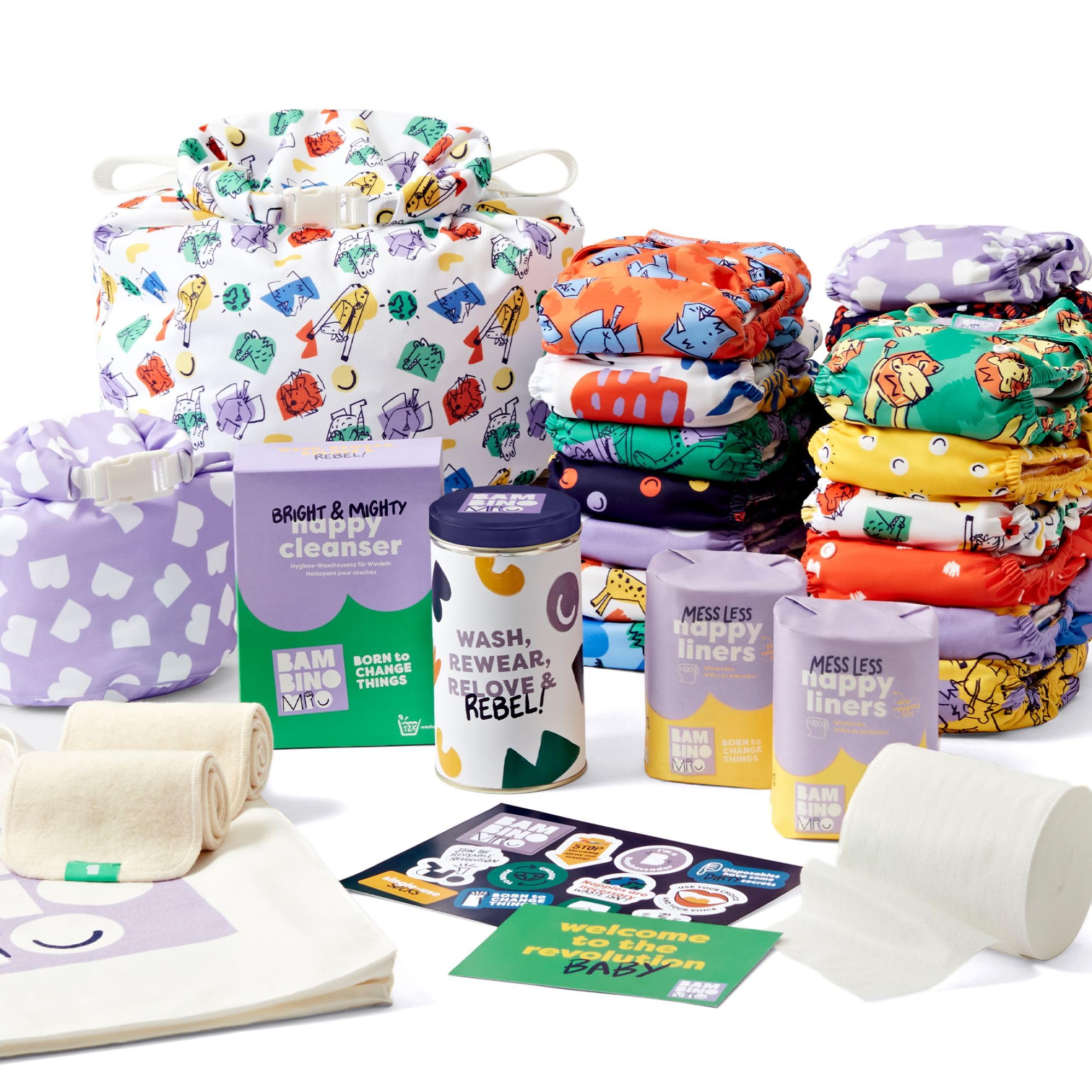 Bambino Mio, wiederverwendbare Windeln im Set - Changemaker Box, 20 x Stoffwindeln, Windelvlies, Saugeinlagen, Wetbags und Waschzusatz, Mutig